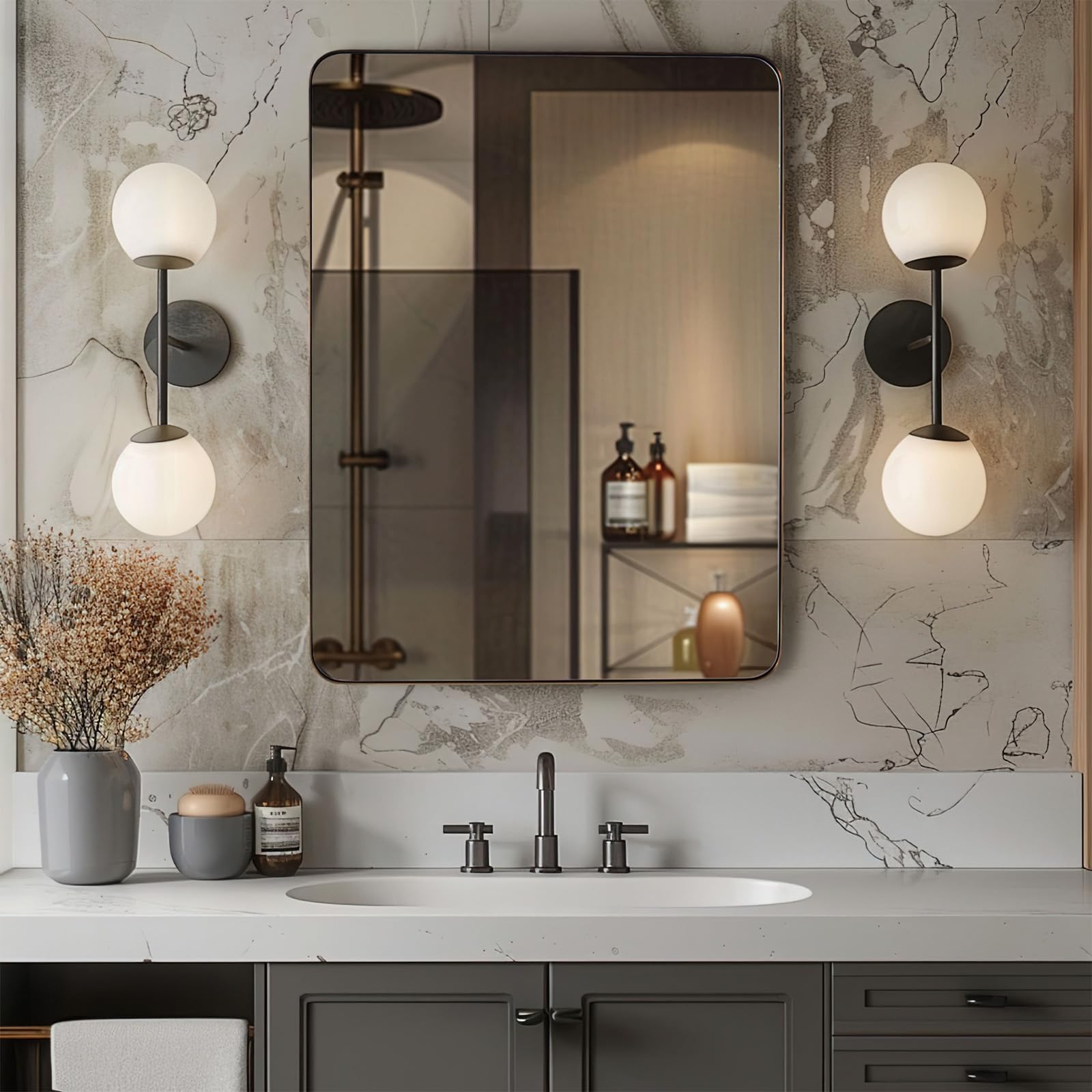 ANDY STAR 20”x28” Brushed Bronze Bathroom Mirror with Premium Stainless Steel Frame - Rounded Rectangle Wall Mirror for Horizontal or Vertical Hanging - Perfect for Bathroom Vanity, Bedroom Decor & Entryway