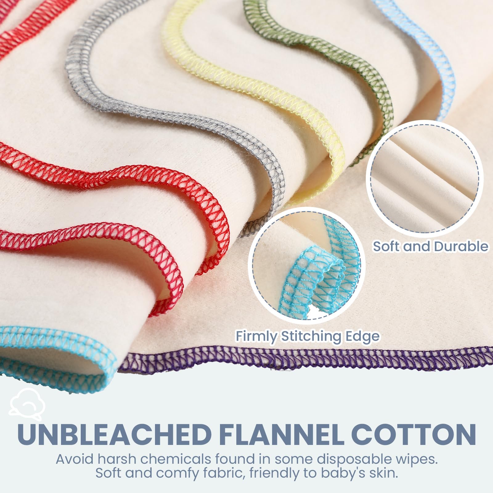 Mixweer 96-Pack Reusable Flannel Baby Wipes - Soft, Washable & Unbleached Cloth Diaper Wipes (8x8 Inches, 8 Colors with Outer Stitching) - Gentle for Baby Face, Hands & Diaper Changes - Perfect for Nursery, Travel & Eco-Friendly Parenting