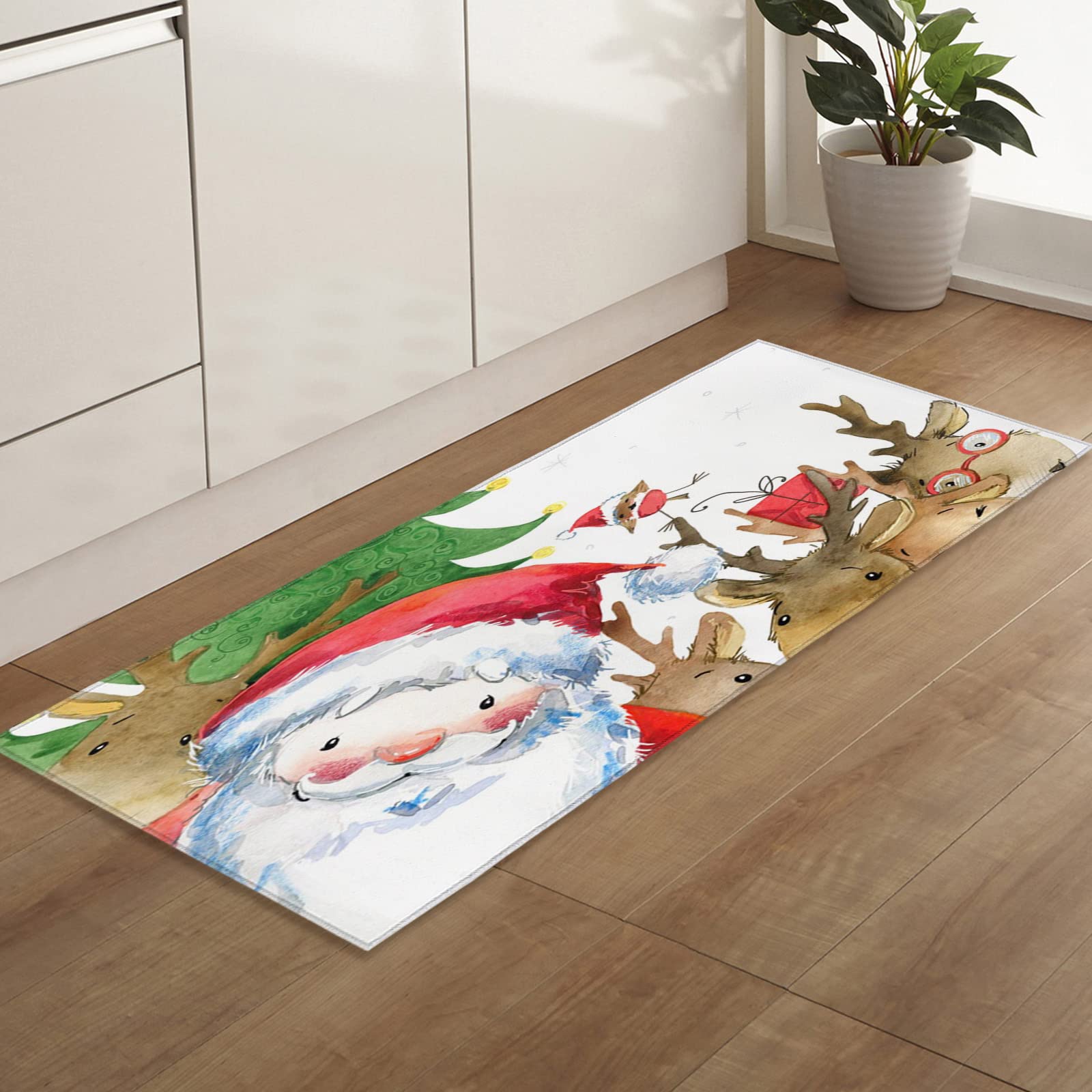 Non-Slip Absorbent Christmas Doormat - 20x63 Inch Hand-Painted Santa Claus & Elk Design Indoor/Outdoor Entrance Rug with TPR Backing for Holiday Decor - Perfect for Front Door, Back Door, and Festive Home Floor Protection
