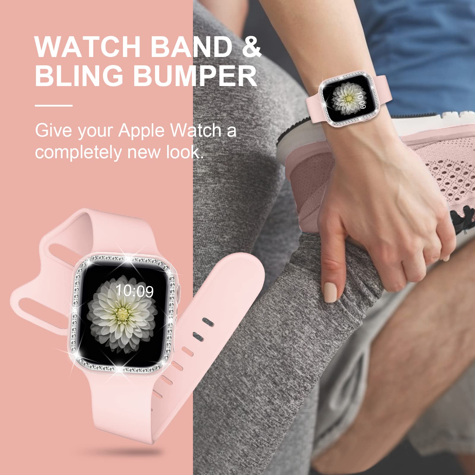 XYF Pink Glitter Apple Watch Band with Bumper Case - Compatible with iWatch SE Series 10/9/8/7/6/5/4/3/2/1 & 38mm 40mm 42mm 44mm 45mm 46mm - Soft Silicone Strap for Women - Perfect for Workouts, Daily Wear & Fashion Accessories
