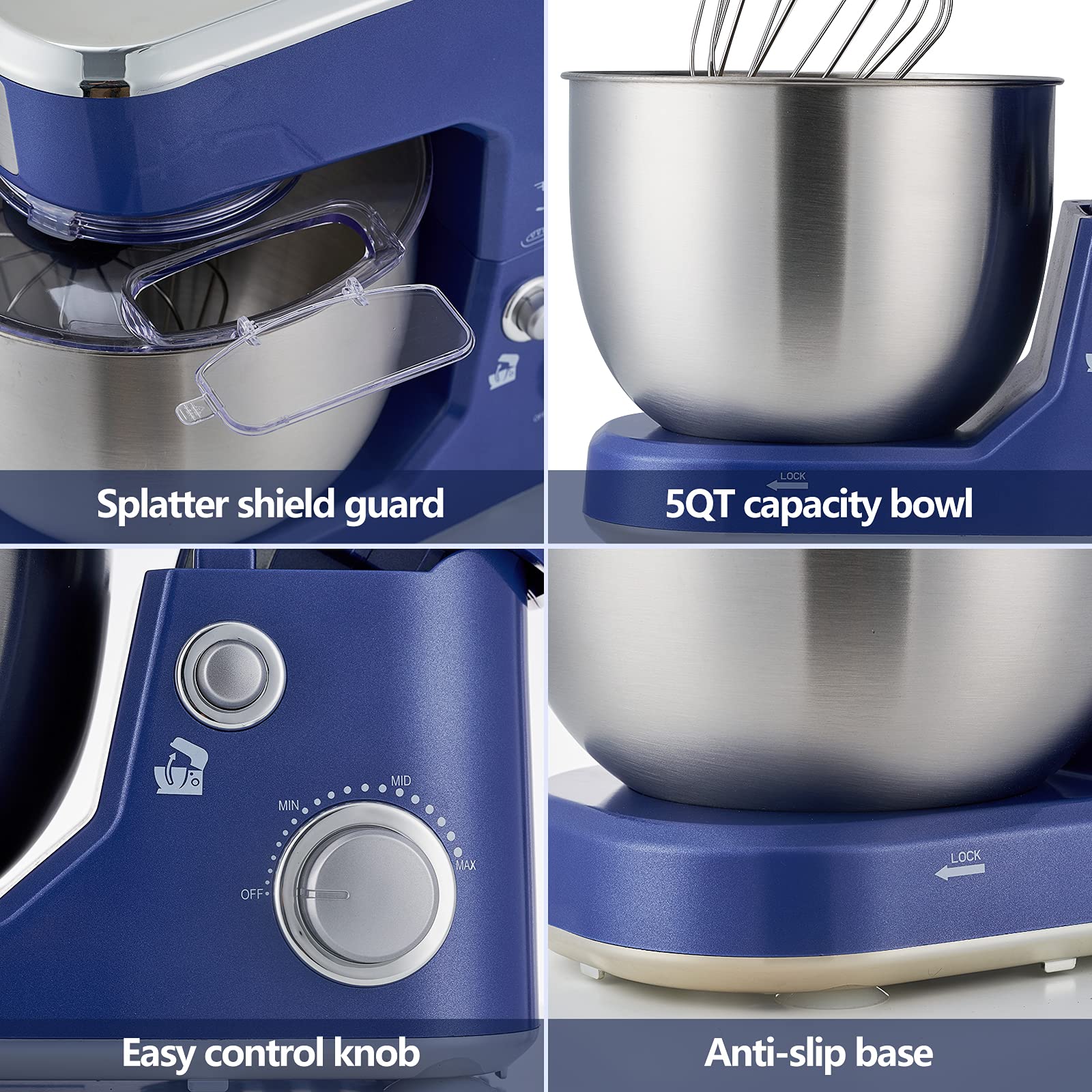CUSIMAX 5-QT Stand Mixer with Stainless Steel Bowl - Tilt-Head Electric Kitchen Mixer Includes Dough Hook, Beater & Whisk - Splash Guard, Blue - Perfect for Baking Cakes, Cookies & Kneading Dough