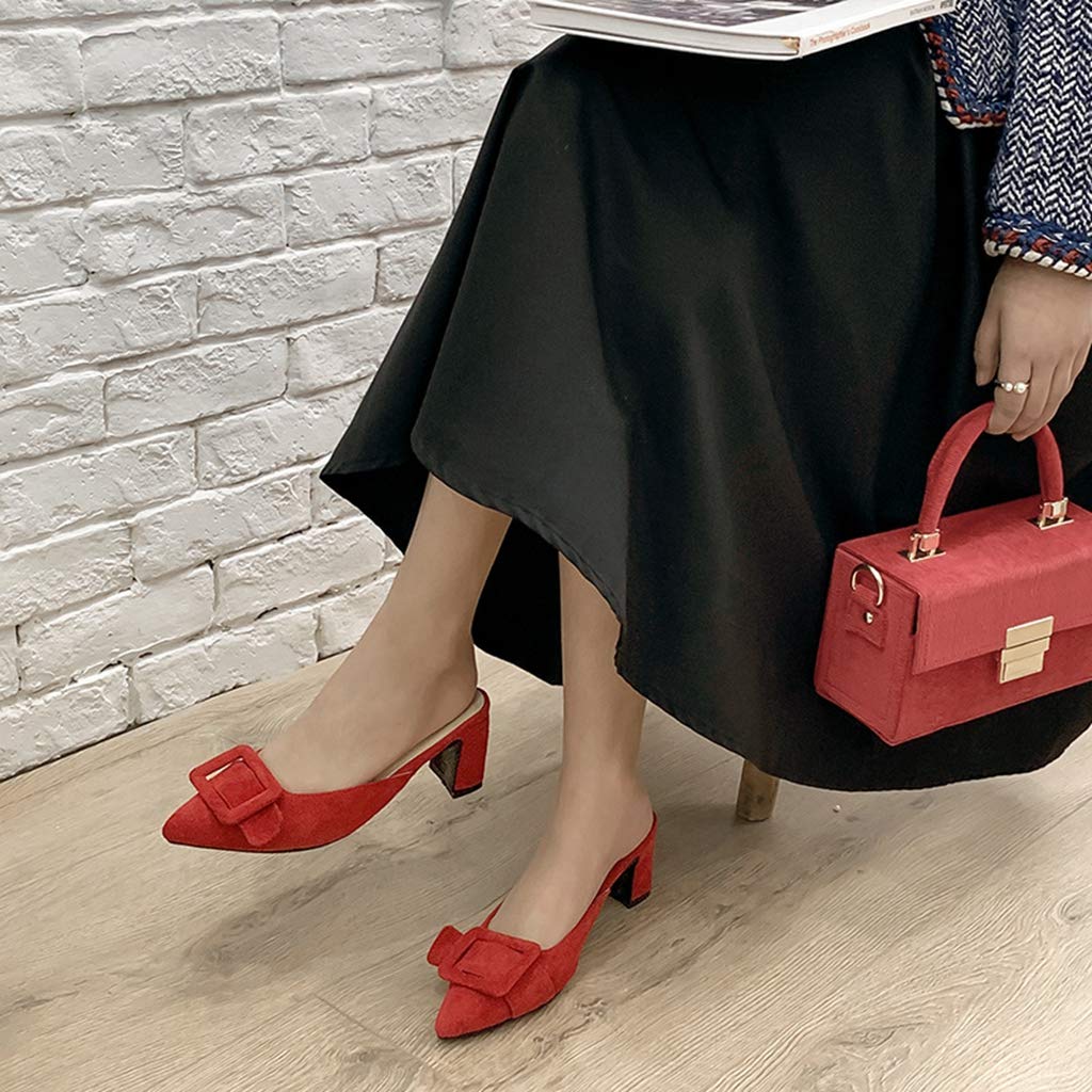 Mioke Women's Pointed Toe Buckle Mules - Low Heel Slip On Loafers, Backless Comfortable Dress Pumps & Slide Sandals | Perfect for Office, Party & Casual Outfits