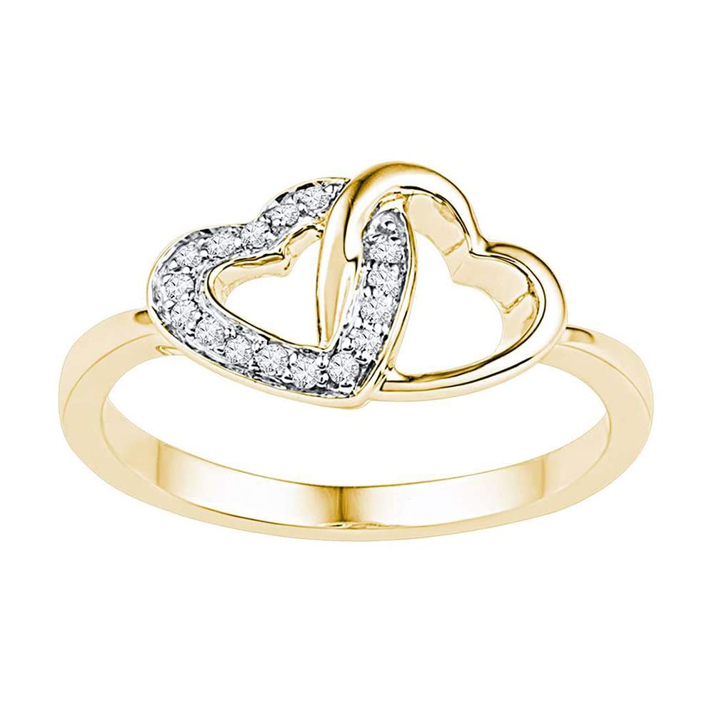 10Kt Yellow Gold Women's Round Diamond Double Locked Heart Ring - 1/12 Cttw, Elegant Valentine's Gift, Anniversary Jewelry, Romantic Proposal Ring for Her
