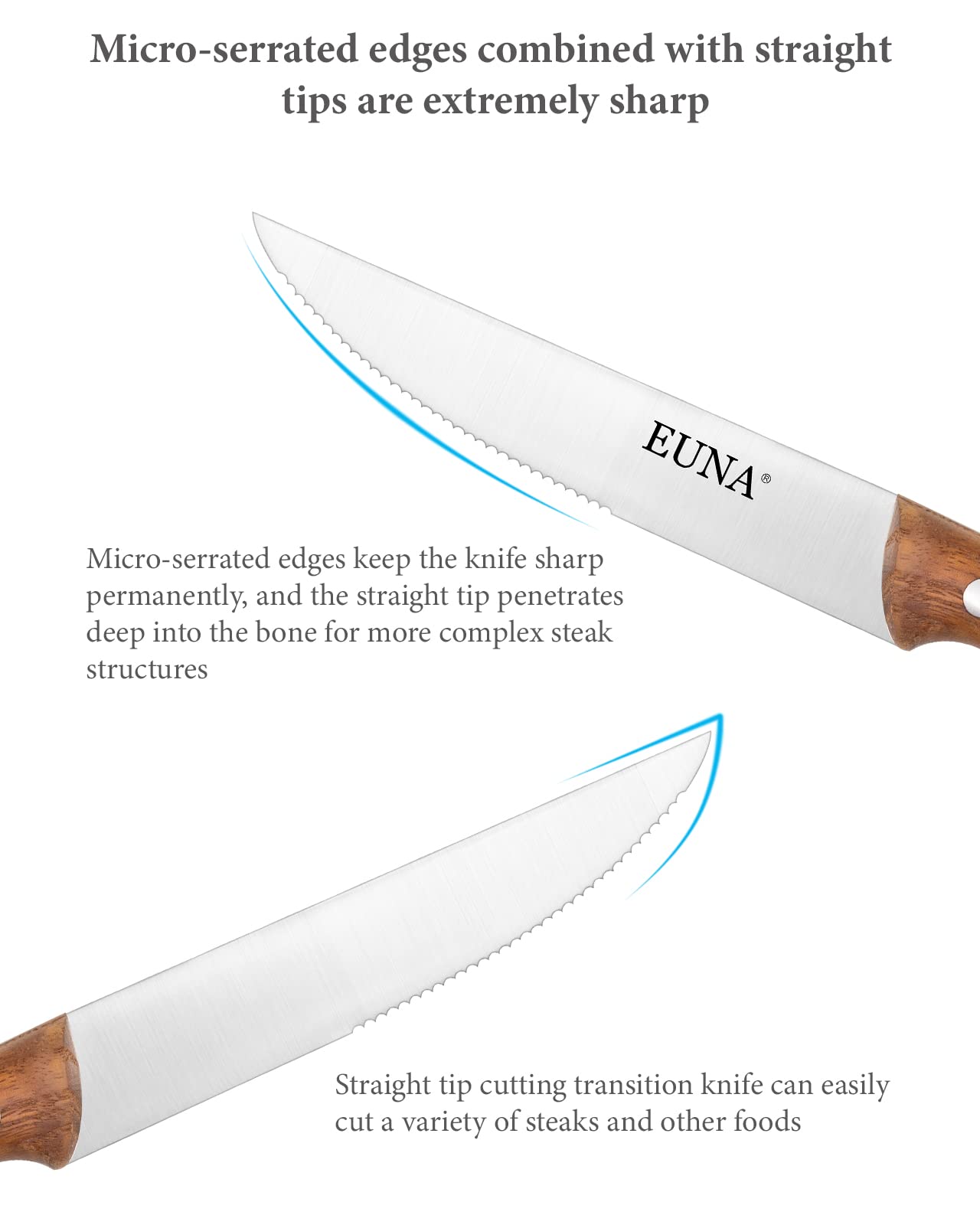 EUNA 4-Piece Steak Knife Set - 4.5 Inch Ultra Sharp Serrated Blades with Ergonomic ASH Handle - Stainless Steel Dinner Knives in Gift Box - Perfect for Steakhouse Dining, BBQ Parties & Fine Dining at Home