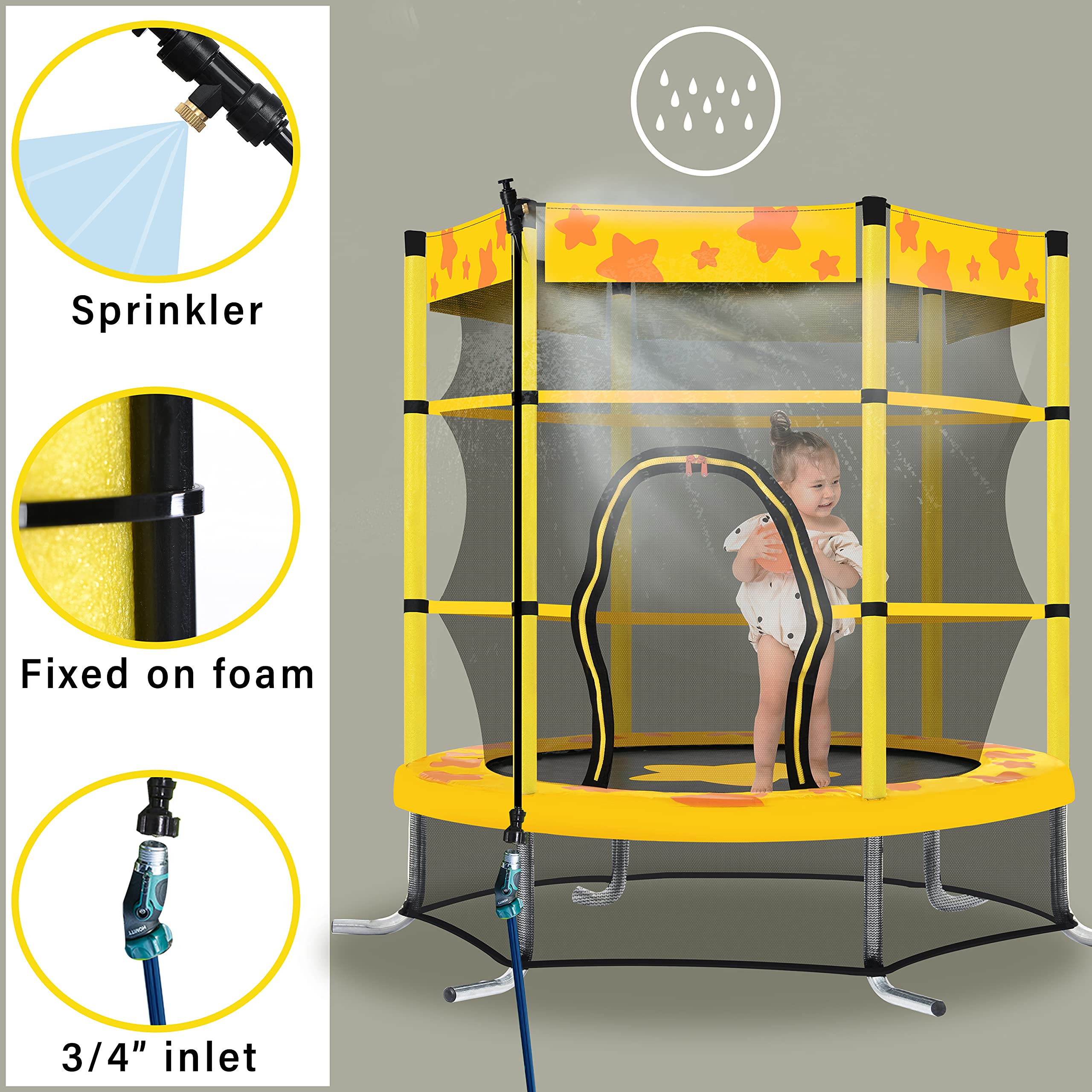 55 Inch Kids Trampoline with Safety Enclosure Net - Outdoor/Indoor Bounce Play with Water Sprinkler, 100lbs Weight Capacity (Yellow) | Perfect for Backyard Fun, Birthday Parties & Family Exercise