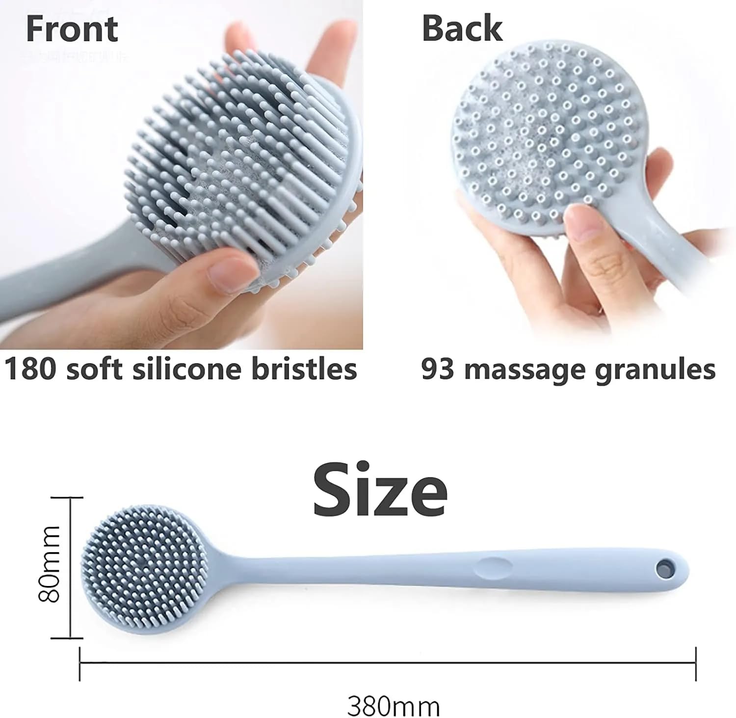 Double-Sided Silicone Back Scrubber with Long Handle - Exfoliating Body Brush for Shower & Bath Massage - Skin Care & Deep Cleansing - Perfect for Exfoliation & Relaxation (Blue, 1 Pack)