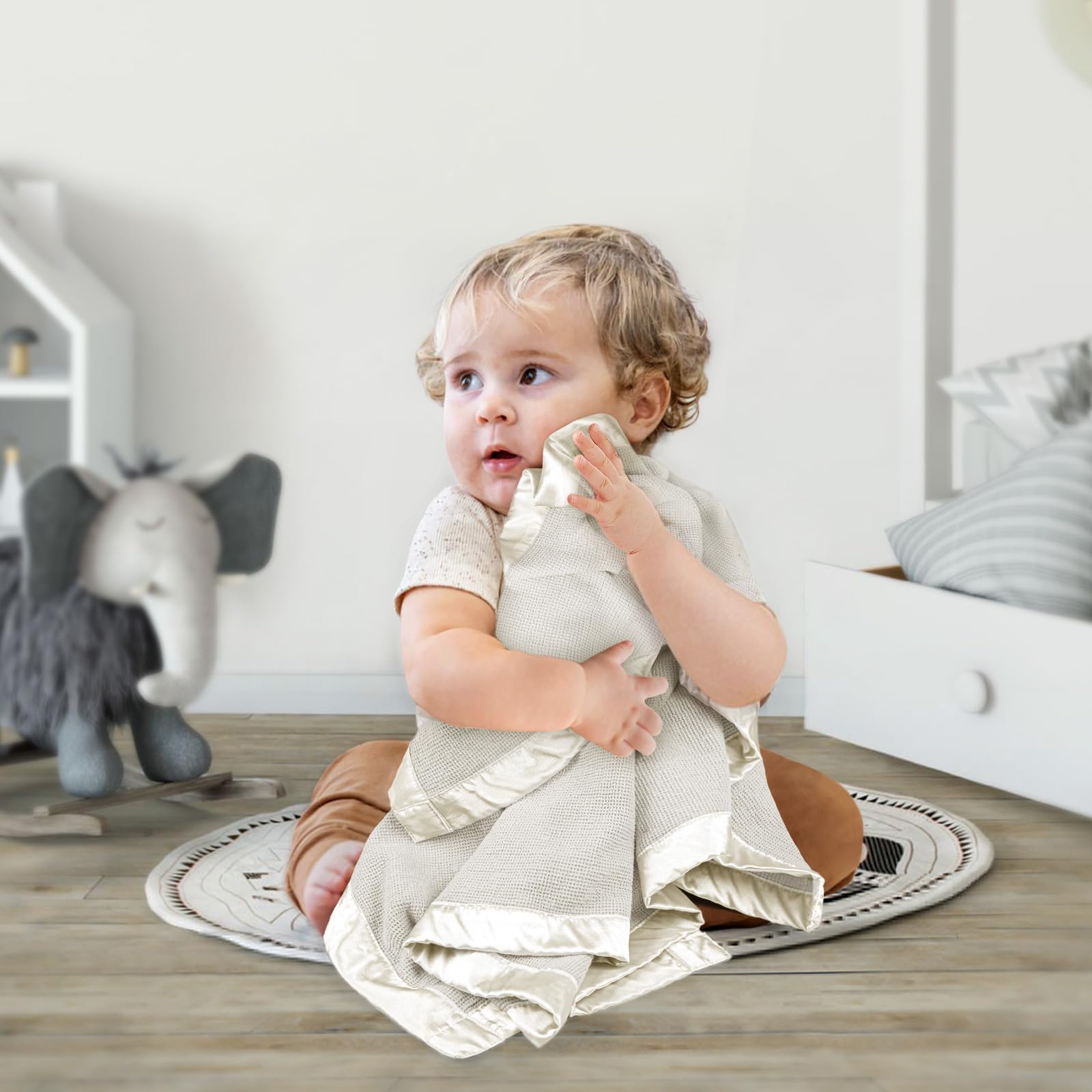 Soft Cotton Waffle Baby Swaddle Blanket with Satin Trim - Breathable Nursing Cover & Crib Blanket for Newborns & Toddlers - Perfect for Naptime, Swaddling & Baby Shower Gifts (Cream)