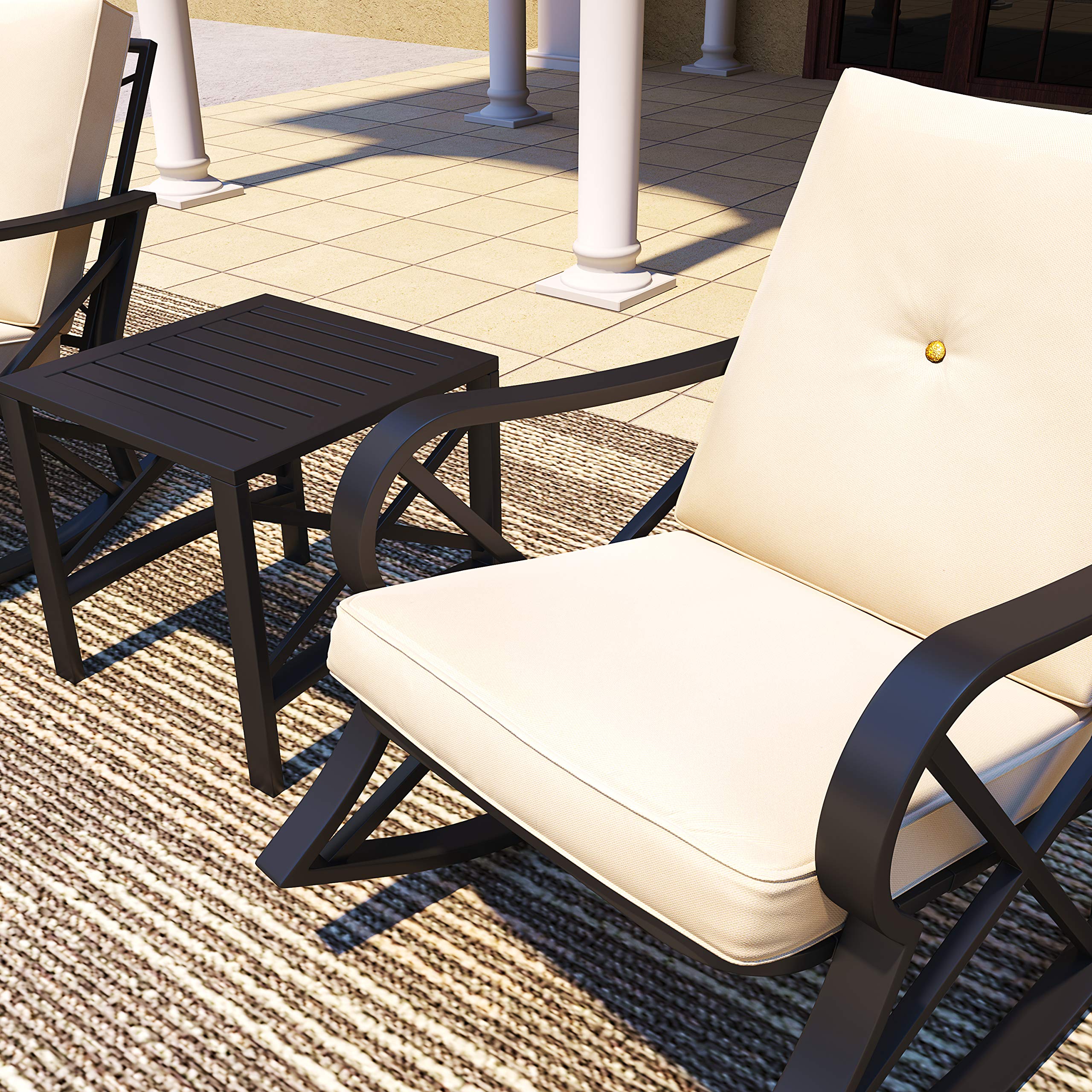 Modern Outdoor Bistro Set with Rocking Chairs & Coffee Table - 3-Piece Metal Patio Furniture Conversation Set with Thick Cushions for Backyard, Lawn, Porch, Poolside - Perfect for Relaxing, Entertaining & Enjoying Summer Days (Khaki)