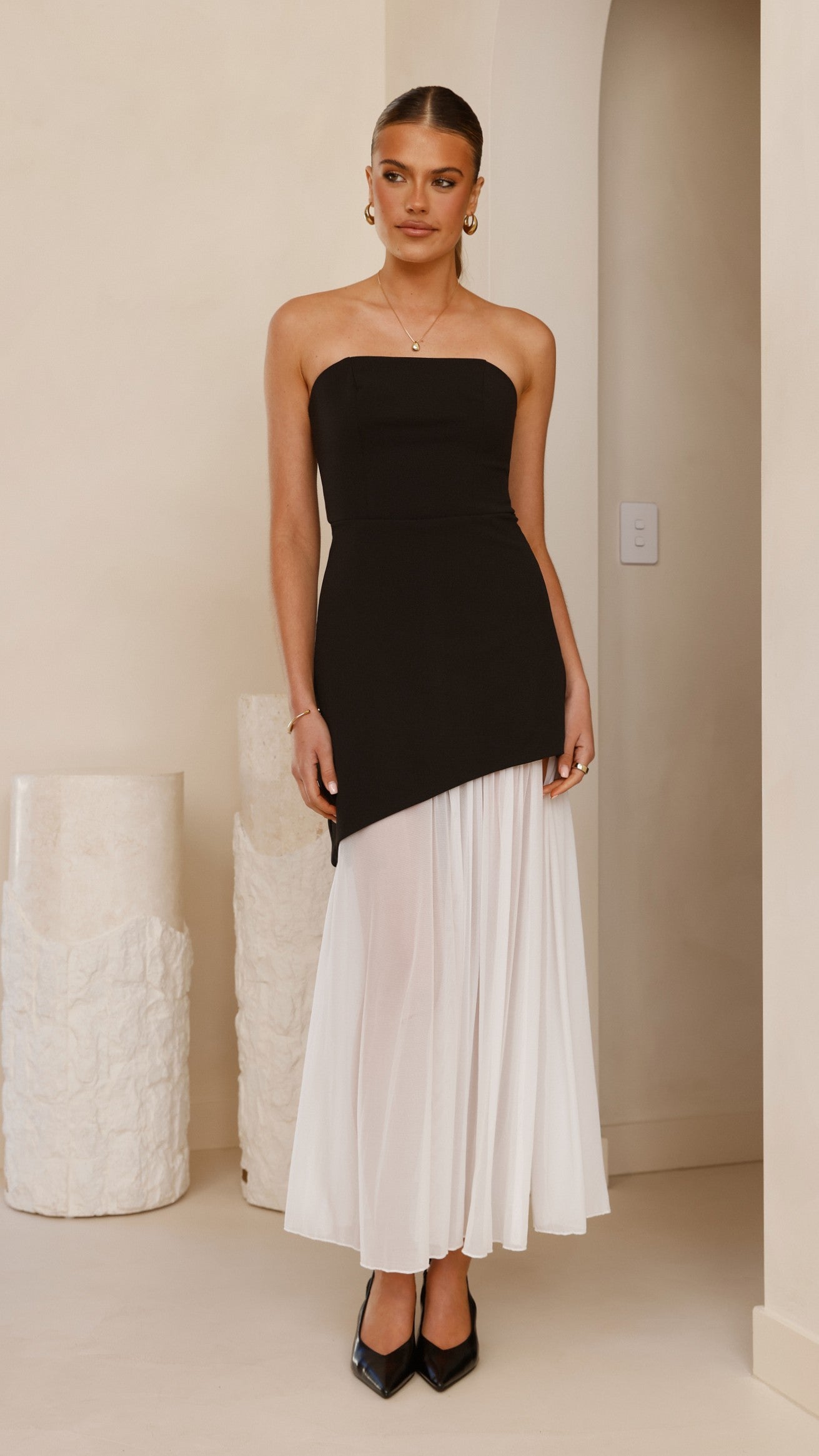 Fenella Asymmetrical Maxi Dress for Women - Elegant Black & White Long Evening Gown - Perfect for Weddings, Parties & Special Occasions
