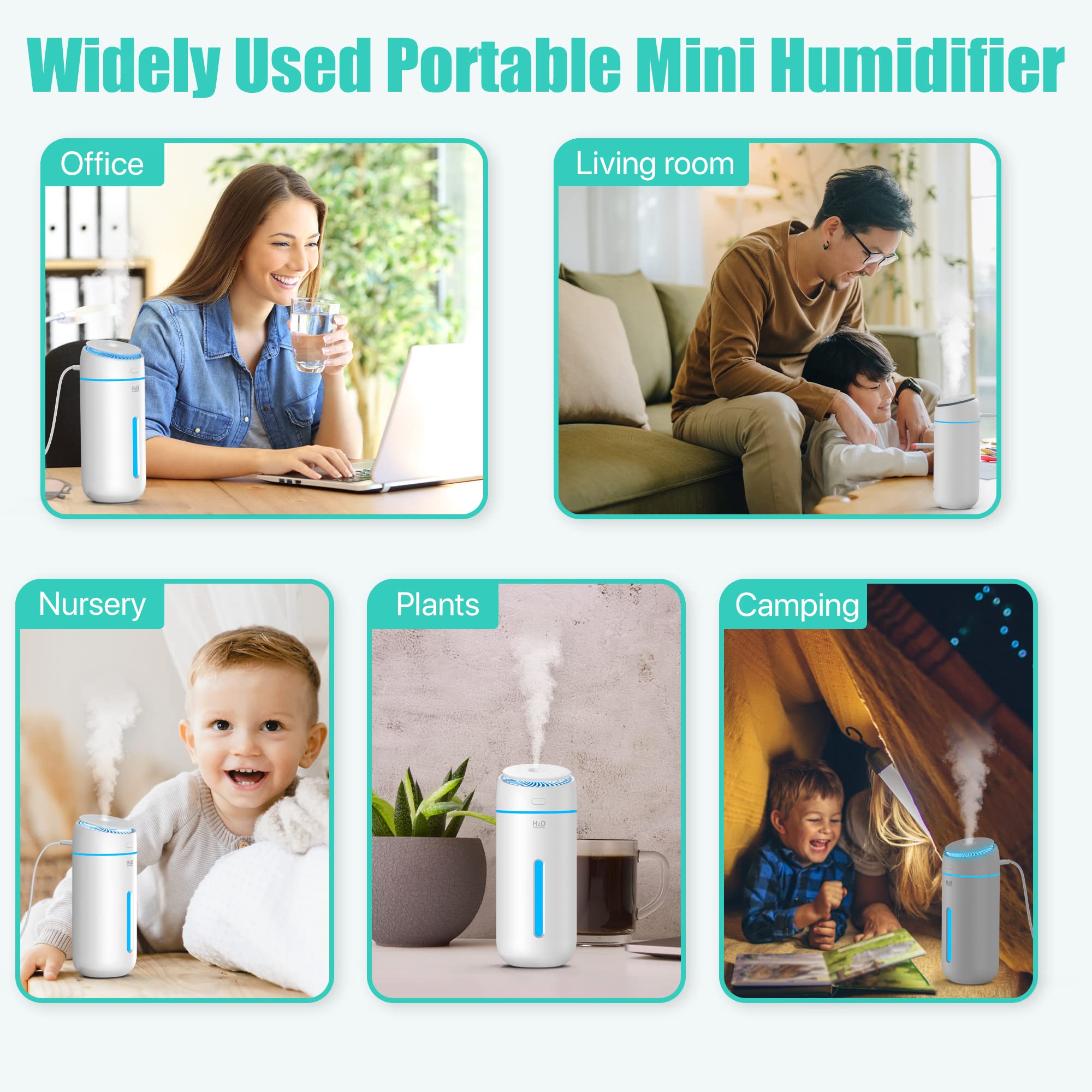 400ML USB Cool Mist Humidifier - Small Portable Personal Air Humidifier for Bedroom, Nightstand, Office Desk, Travel & Car | Quiet Operation with Auto Shut-off & LED Lights | Perfect for Dry Air Relief, Plant Care & Better Sleep