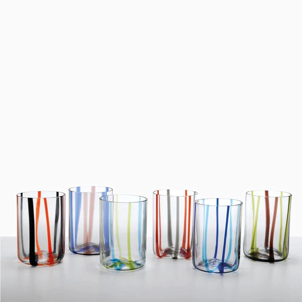 Premium Zafferano Tirache Tumbler Set - 6 Colorful Glass Water Cups for Home, Office & Outdoor Use - Durable Drinkware for Iced Tea, Juice & Cocktails