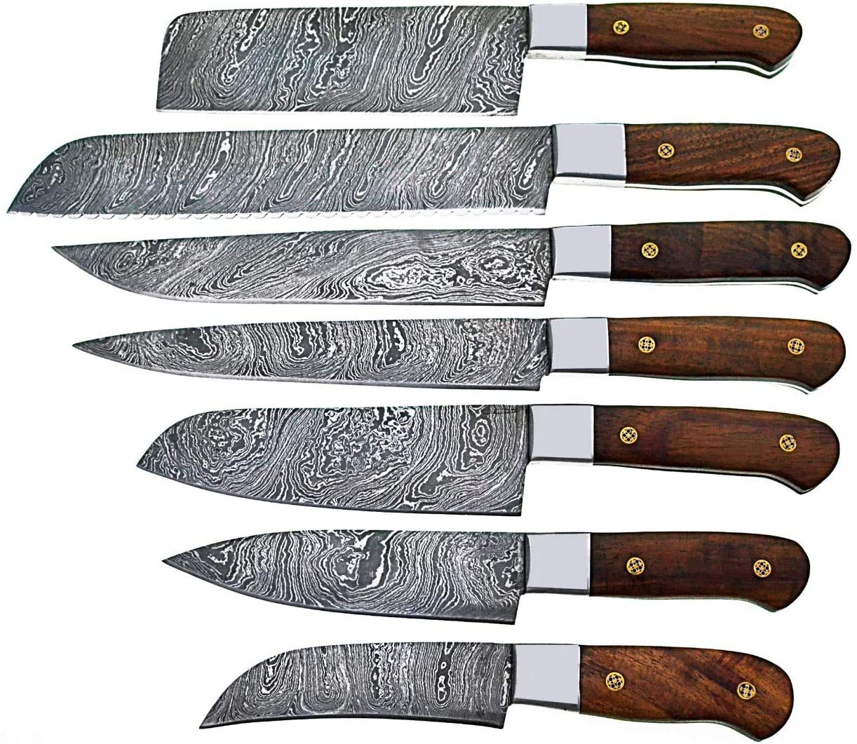 Premium Damascus Steel 7-Piece Professional Chef Knife Set - Rosewood Handle, Pocket Case & Knife Roll Bag - Ideal for Home Cooking, Restaurant Use & Culinary Gifts