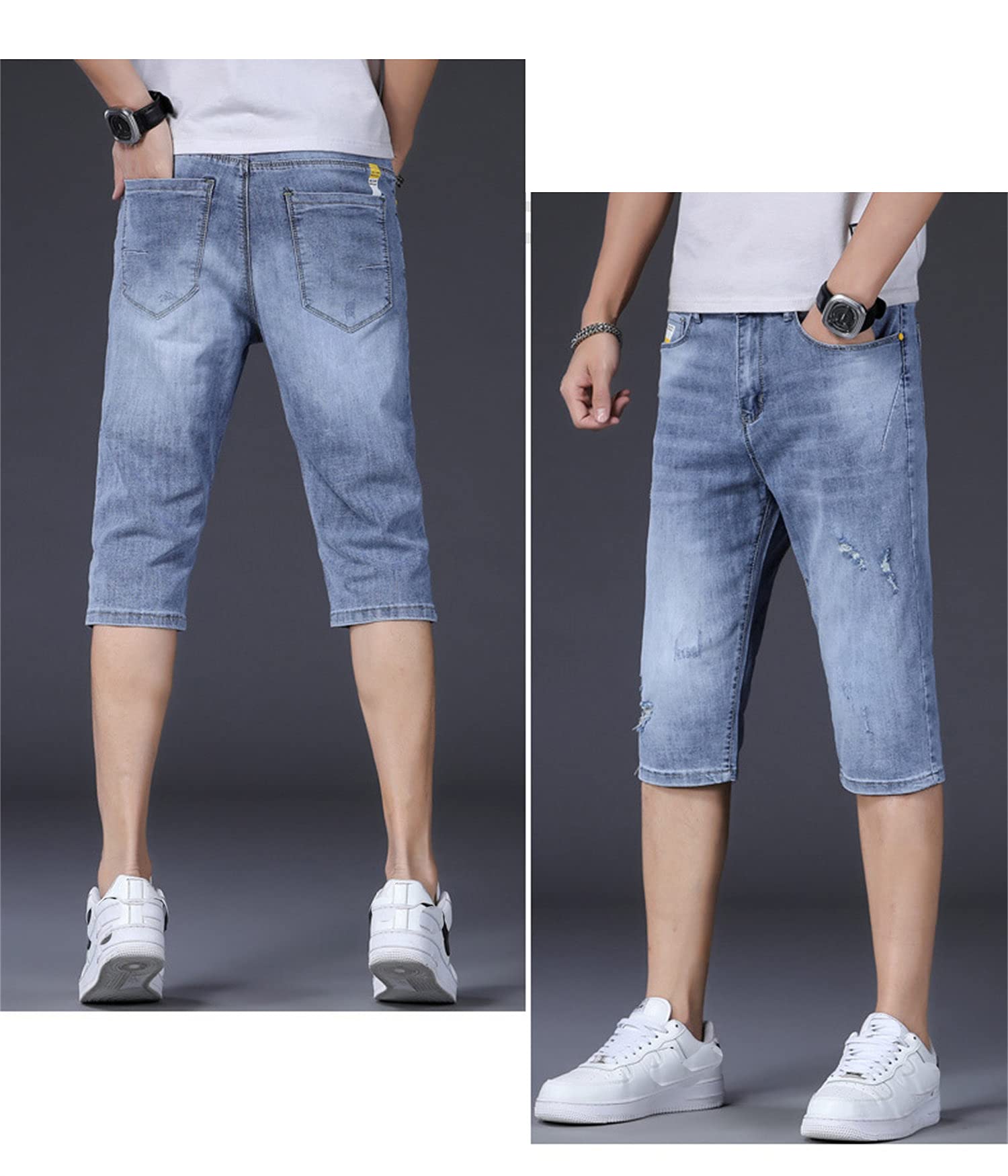 Men's Slim Fit Distressed Denim Shorts - Below Knee Length, Low Waist with Drawstring | Casual Summer Wear, Beach Outings & Street Style (Blue, Size 33)