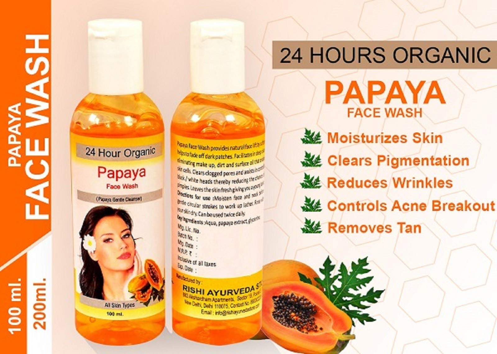 24 Hours Organic Papaya Face Wash for Nourishment & Moisturizing - Brightening, Anti-Aging & Tan Removal - 100ml - Perfect for Daily Skincare Routine & Glowing Skin