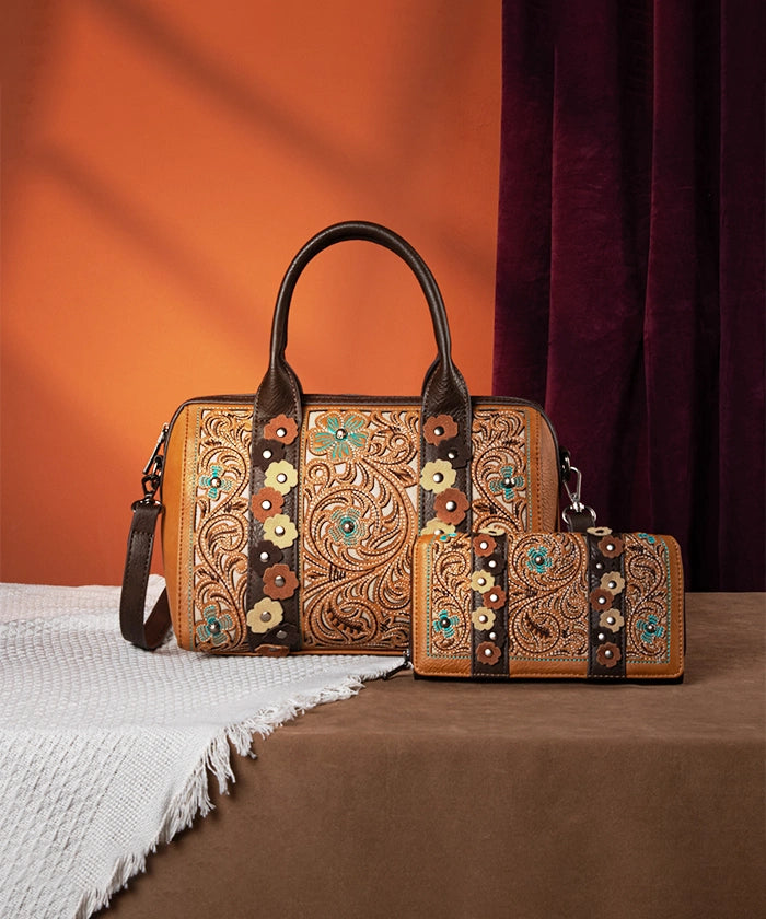 Montana West Embroidered Floral Cut Out Boston Bag Set - Stylish Leather Shoulder Purse for Women, Perfect for Work, Travel & Everyday Use