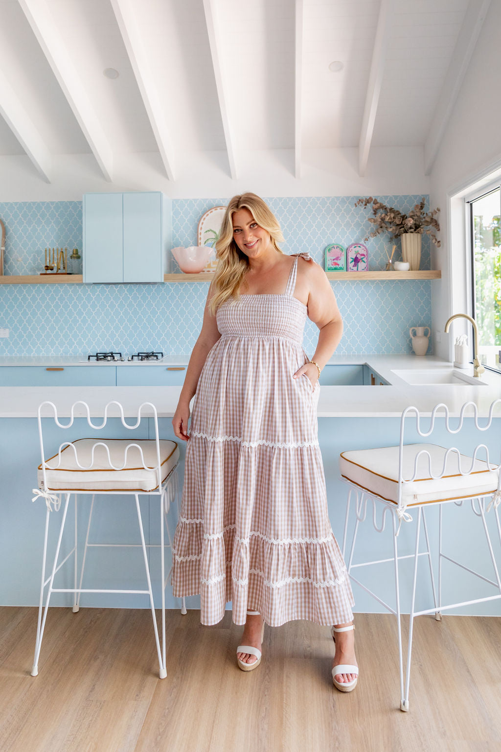Allegra Maxi Dress in Beige & White Gingham - Flowy Summer Dress for Women, Beach Cover Up, Casual Day Out