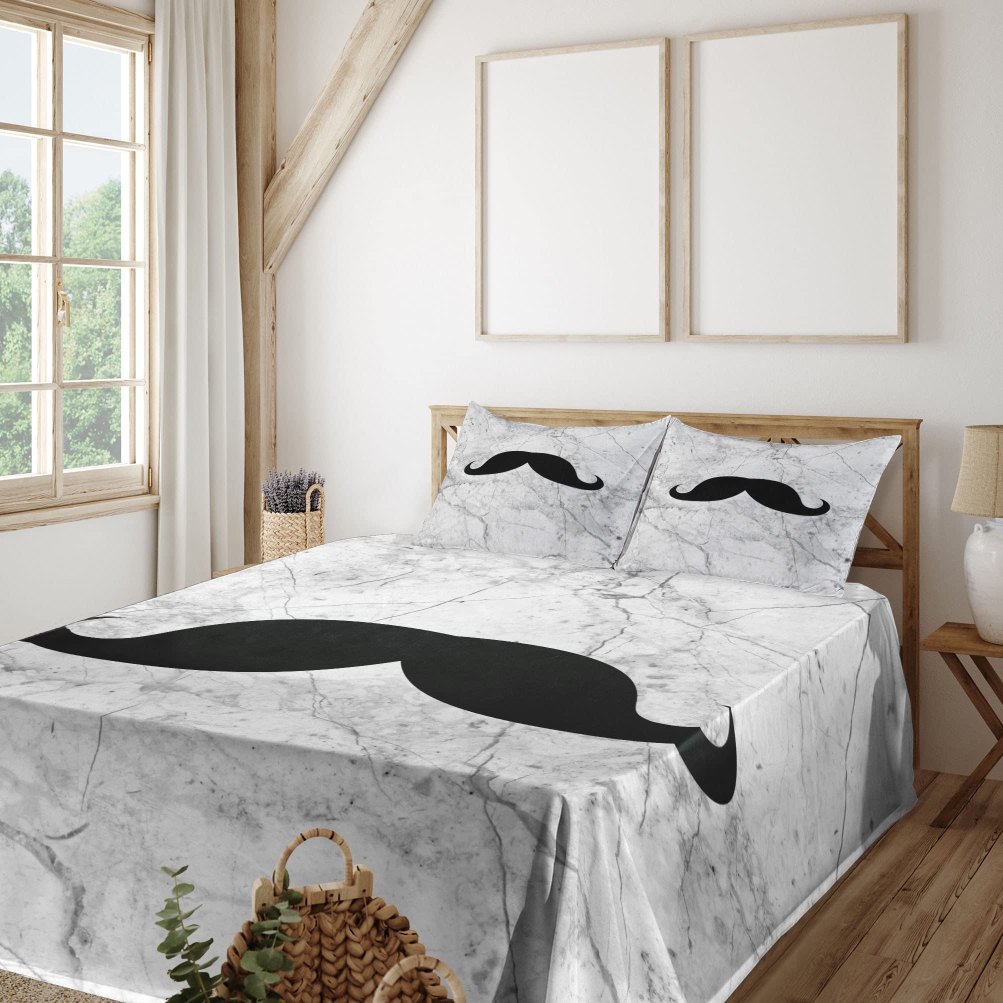 Ambesonne Men's Retro Mustache Bed Sheet Set - 3 Piece Twin XL, Grey Black White Marble Print, Fitted & Flat Sheets with Pillowcase | Durable Cotton Blend for Modern Bedroom, Guest Room & College Dorm Decor