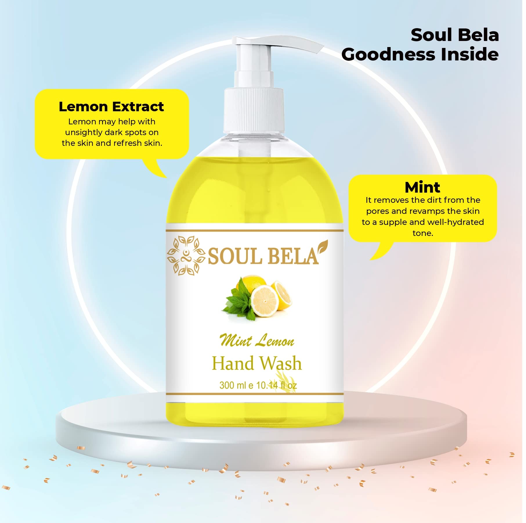 Soul Bela Mint Lemon Hand Wash with Lemon Extract & Mint - Antibacterial & Moisturizing for Soft Hands - 300ml (Pack of 1) | Perfect for Kitchen, Bathroom & Office Use