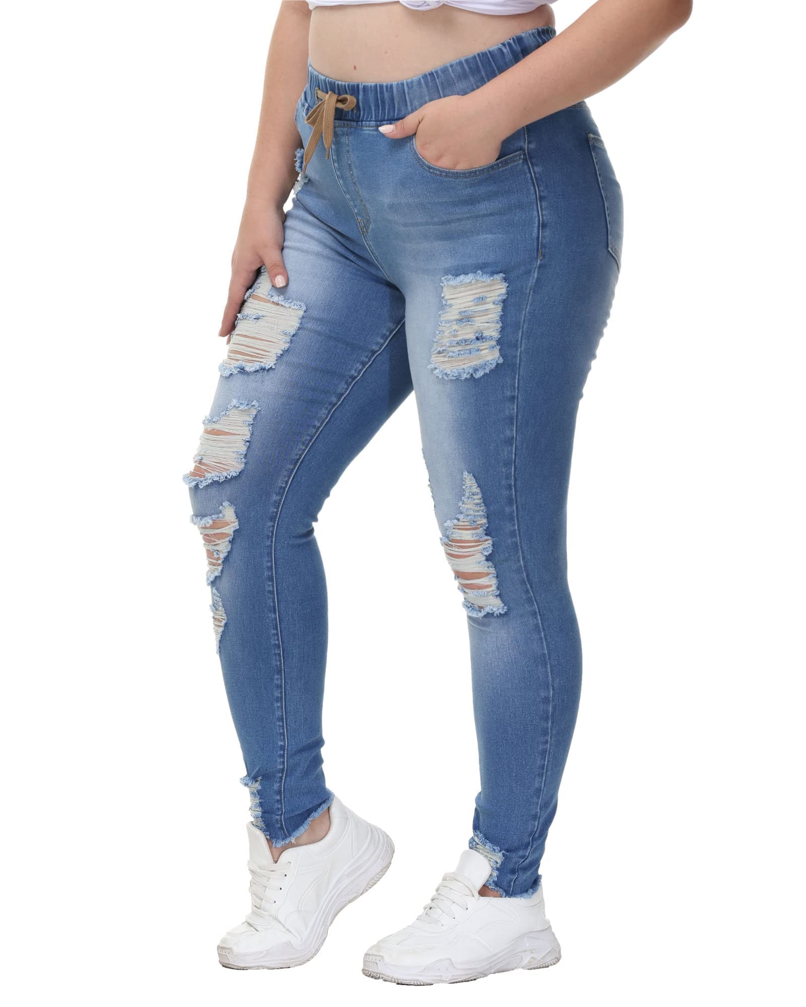 Gboomo Women's Plus Size Skinny Distressed Jeans - High Waisted Stretch Ripped Denim Joggers with Drawstring | Casual Streetwear & Everyday Comfort