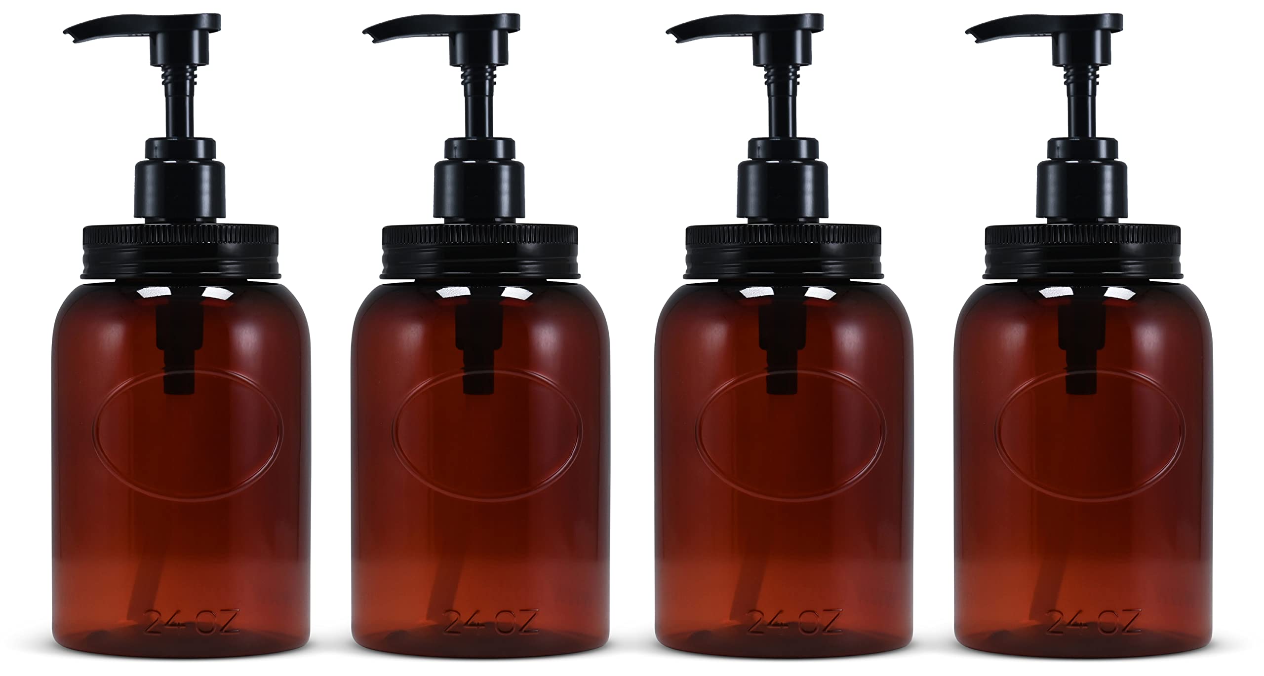 Bottiful Home - Set of 4 Amber 24oz Wide Mouth Plastic Refillable Pump Dispenser Bottles for Shampoo, Conditioner, Body Wash, Lotion & Dish Soap | Leak-Proof & Durable | Perfect for Bathroom, Kitchen & Laundry Organization