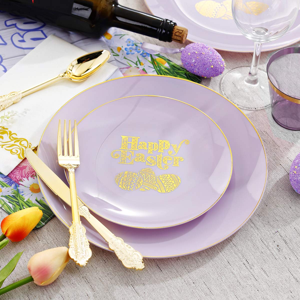 150-Piece Easter Party Tableware Set - Purple & Gold Disposable Plates, Forks, Knives, Spoons & Cups for Easter Celebrations - Perfect for Easter Brunch, Egg Hunts & Spring Gatherings