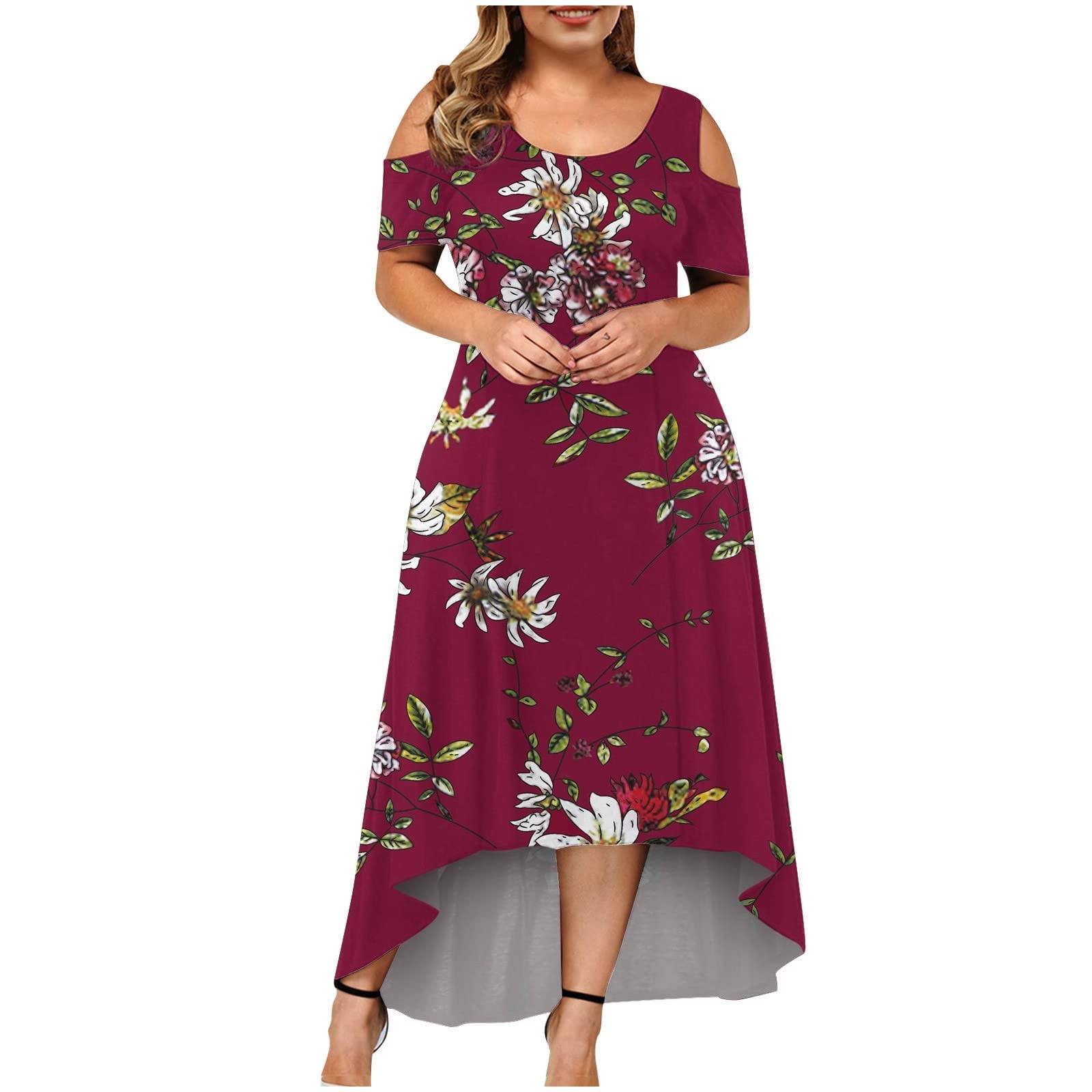 Women's Plus Size Maxi Dress - Flowy Long Summer Beach Dress with Crewneck & Short Sleeve | Perfect for Vacation, Pool Party & Boho Fashion