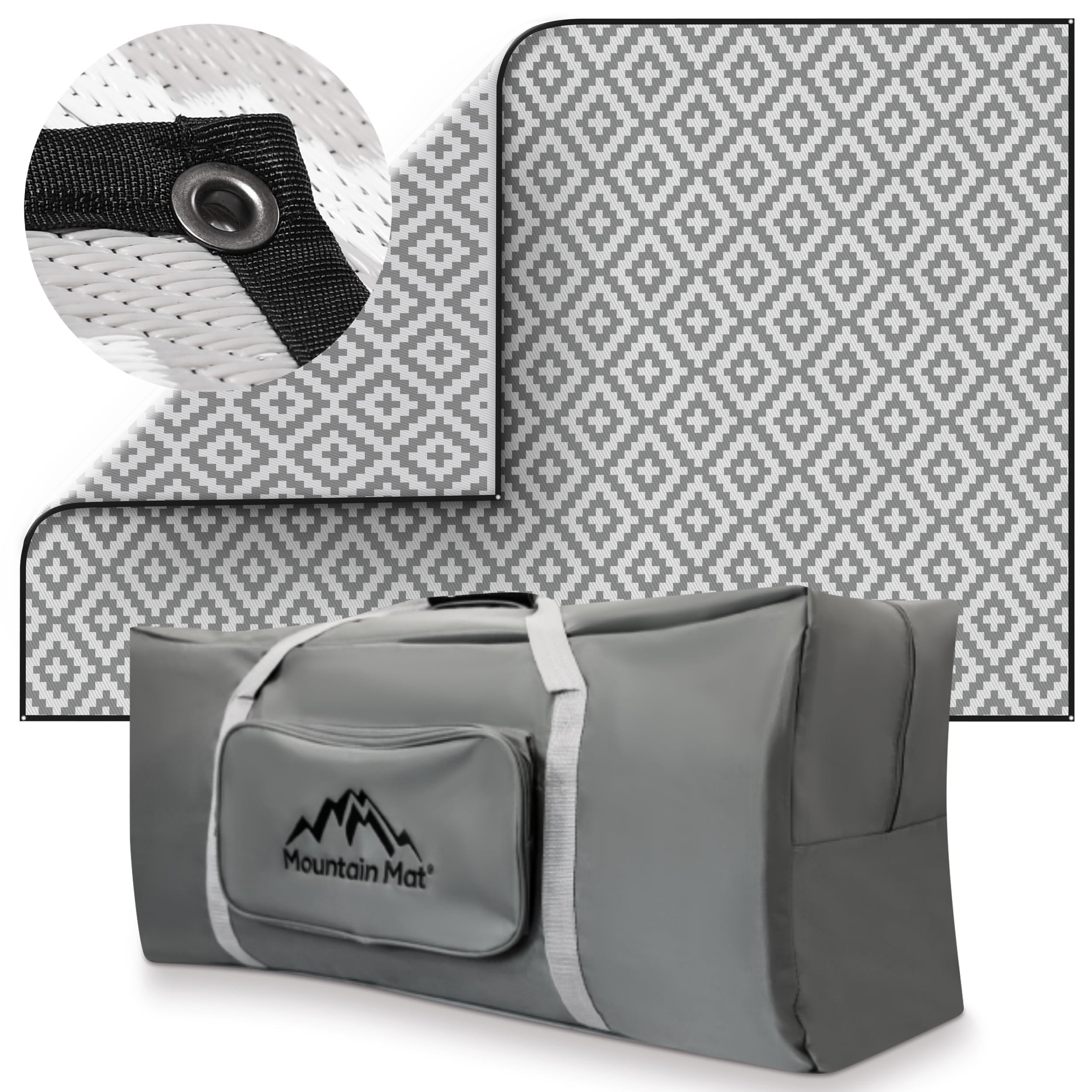 Premium Outdoor RV Patio Mat 8'x20' - 100% Recycled Plastic Waterproof Ground Cover for Camping, Beach, Deck & Picnic - Durable Grey Diamond Design with Carry Bag - Perfect for RVs, Tents & Outdoor Gatherings