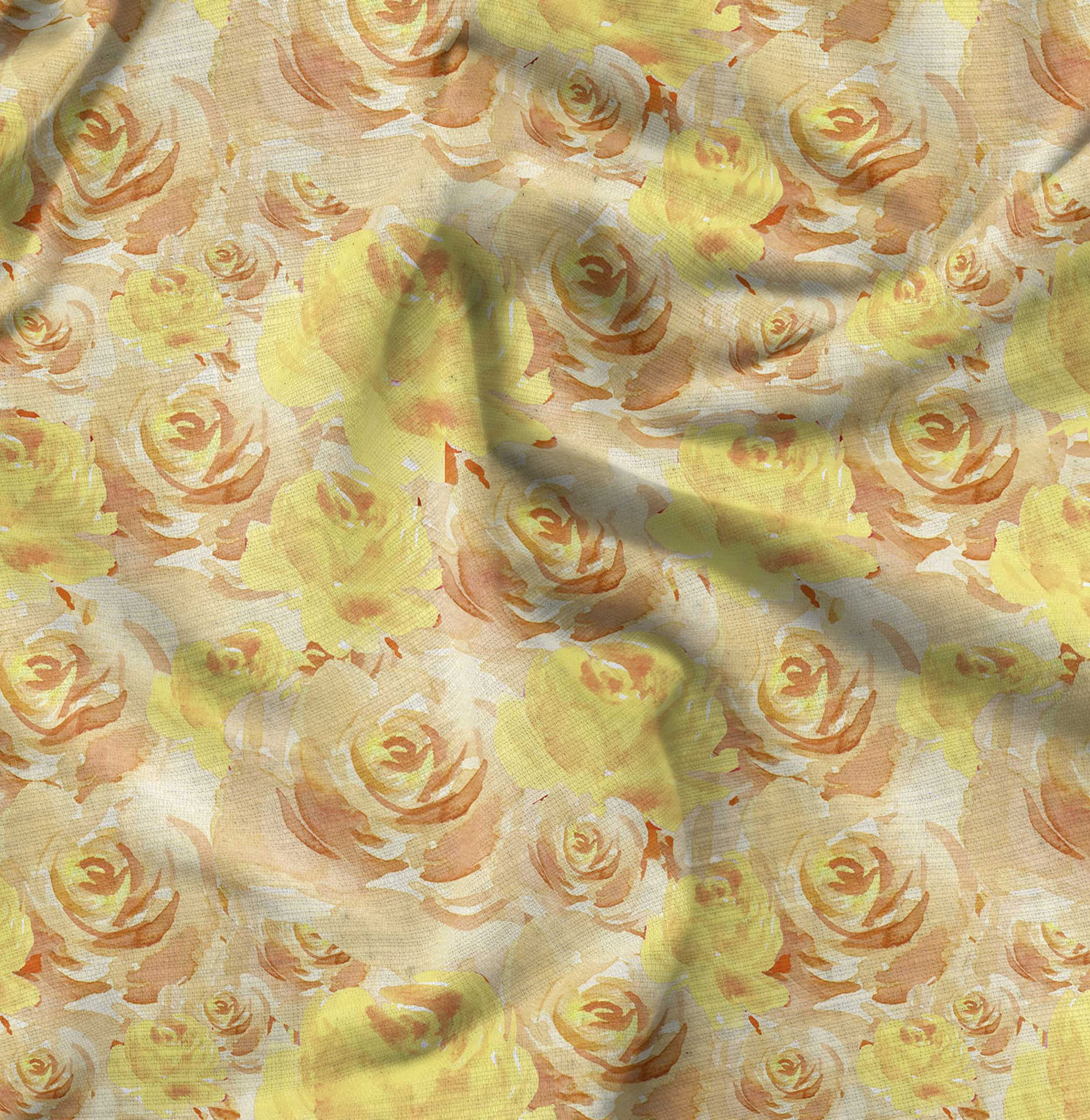 Soimoi Moss Georgette Yellow Floral Fabric by The Yard - 44 Inch Wide Grandiflora Roses Printed Fabric for Dresses, Curtains & Home Decor | Luxurious Elegant Fashion & Interior Design Material