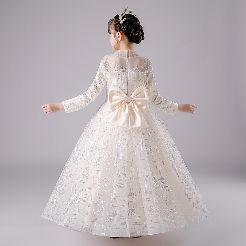Elegant Champagne Tulle Flower Girl Dress with Long Sleeves & Delicate Lace Sequins - Perfect for Weddings, Pageants & Special Occasions