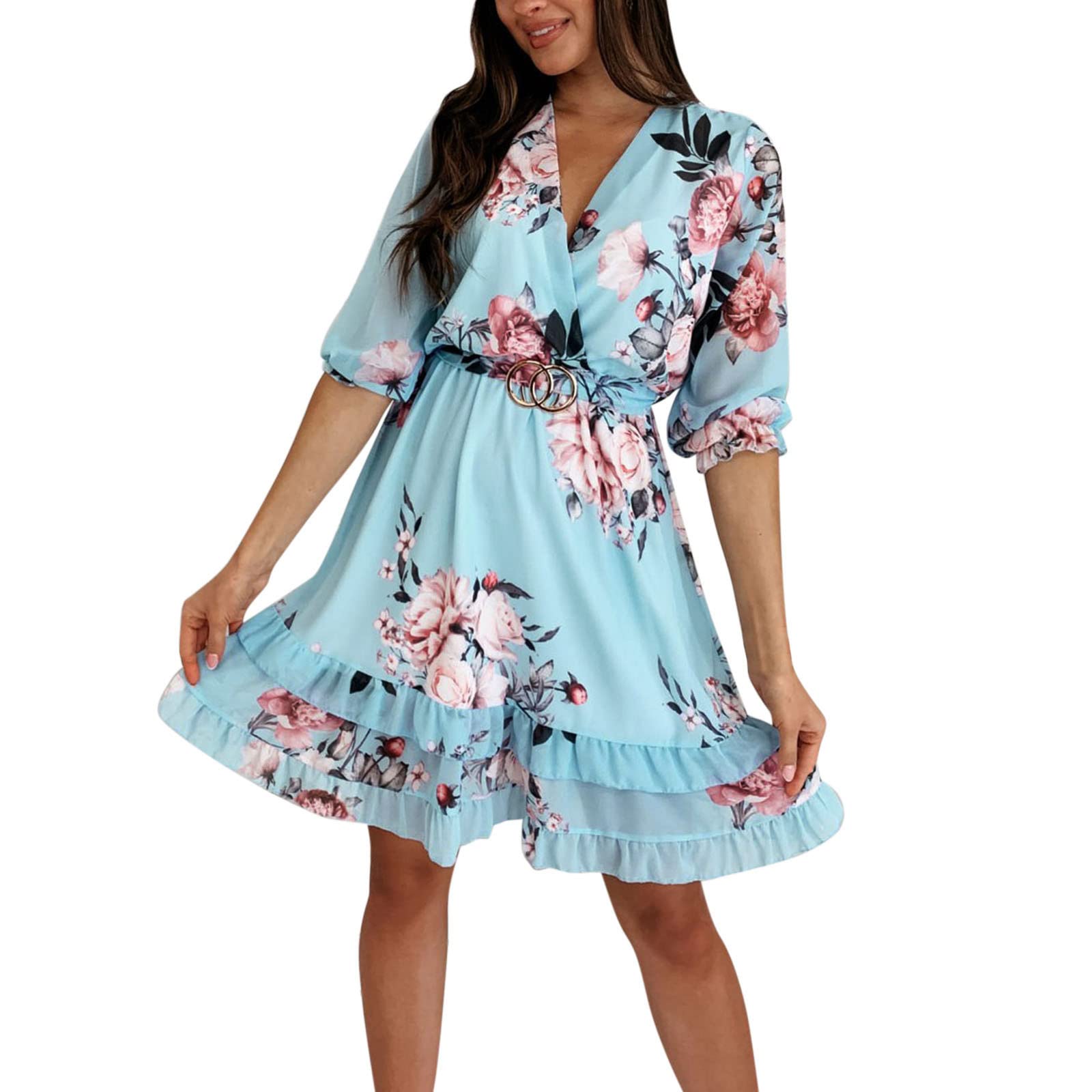 iQKA Women's Summer Sexy V-Neck Half Sleeve Printed Mini Dress - Flowy Short Dress for Women in Yellow | Perfect for Beach Vacation, Date Night & Summer Parties