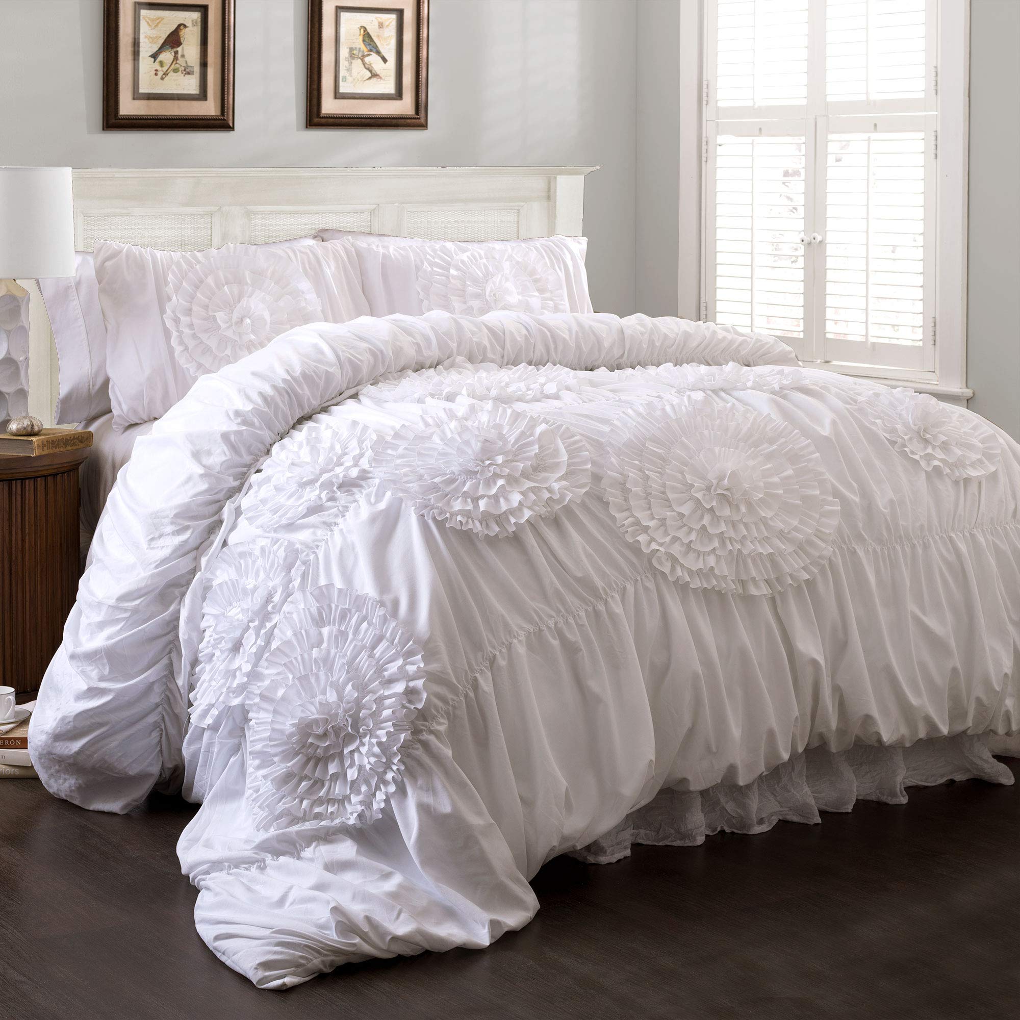 Lush Decor Serena 3-Piece Comforter Set Full/Queen - White Ruched Ruffled Flower Design, Romantic Ruffle Bedding for Vintage Glam & Farmhouse Style | Perfect for Master Bedroom, Guest Room & Cozy Home Decor