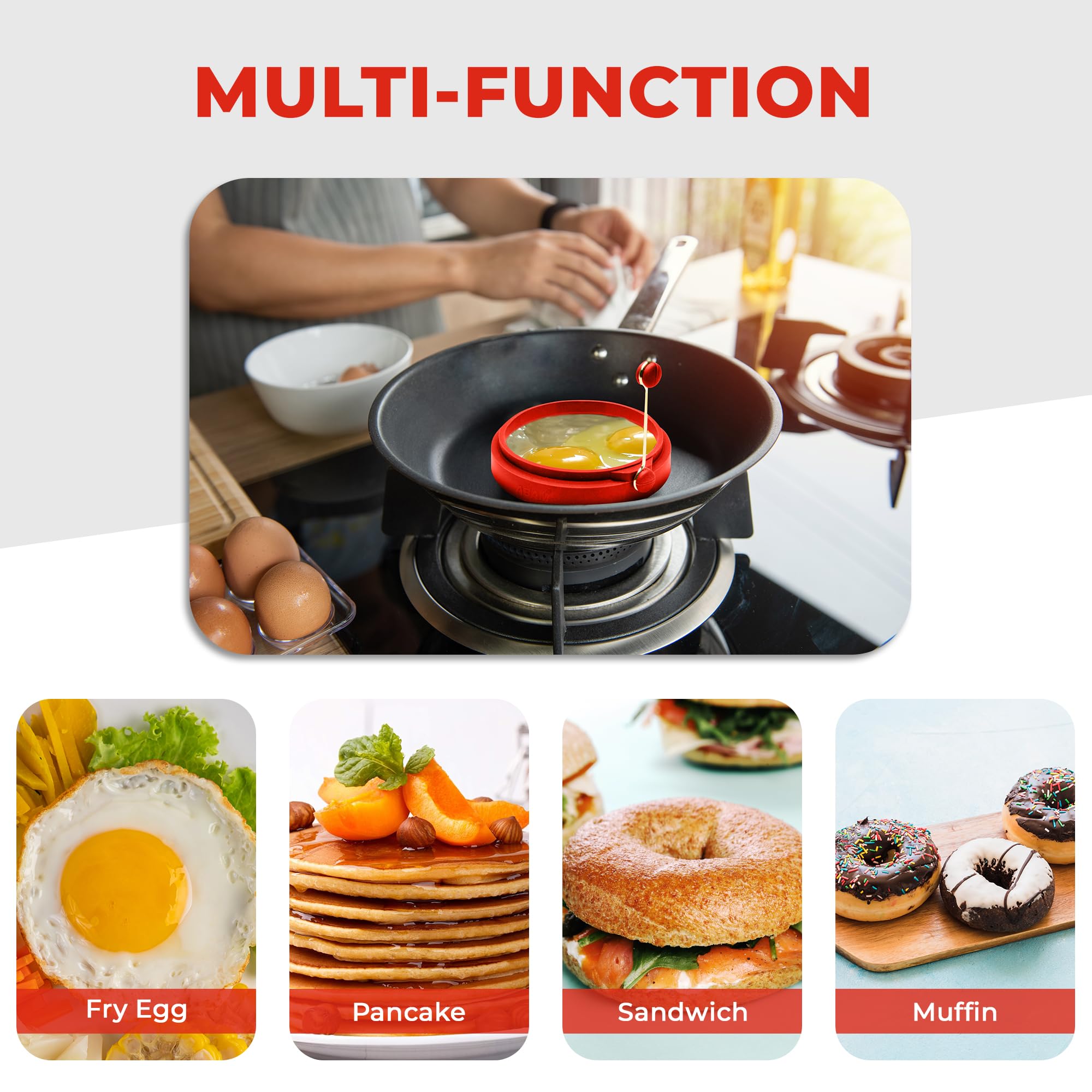 **4 Inch Nonstick Silicone Egg Ring - Blue Round Pancake Mold for Breakfast Sandwiches, Omelets, Burgers & More (Pack of 4) | Includes Free e-Book | Perfect for Home Cooking, Meal Prep & Camping**
