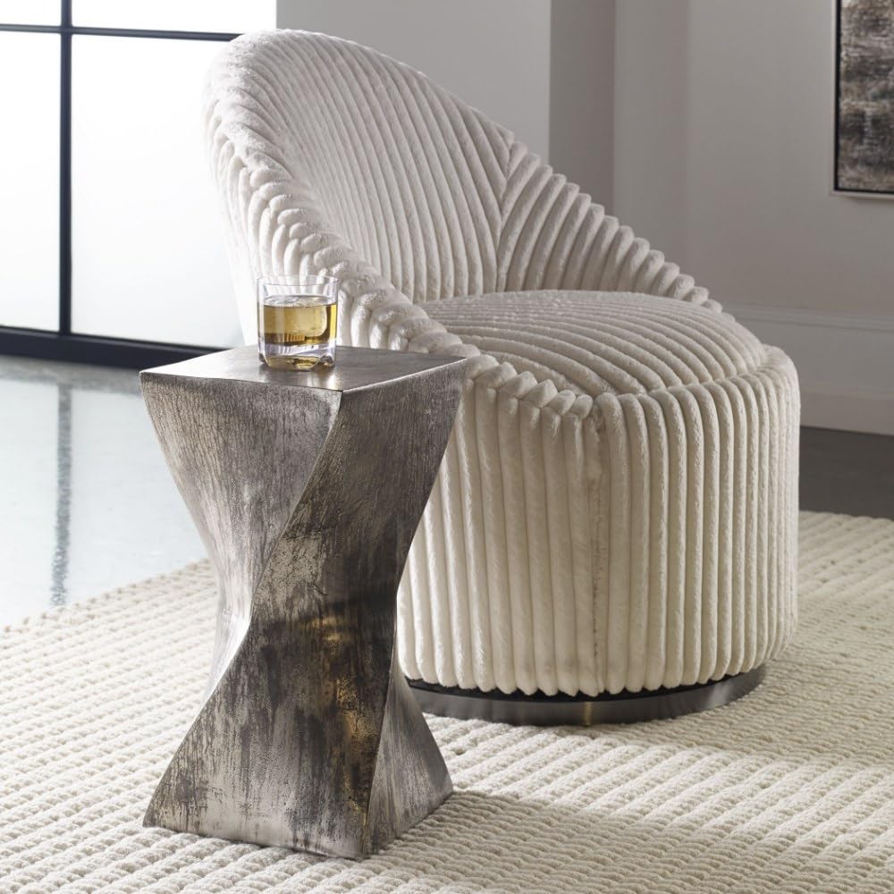 19 Inch Modern Hourglass Shape Accent Table with Distressed Details - Contemporary Side & End Table for Living Room, Bedroom, or Office (208-Bel-4190627)