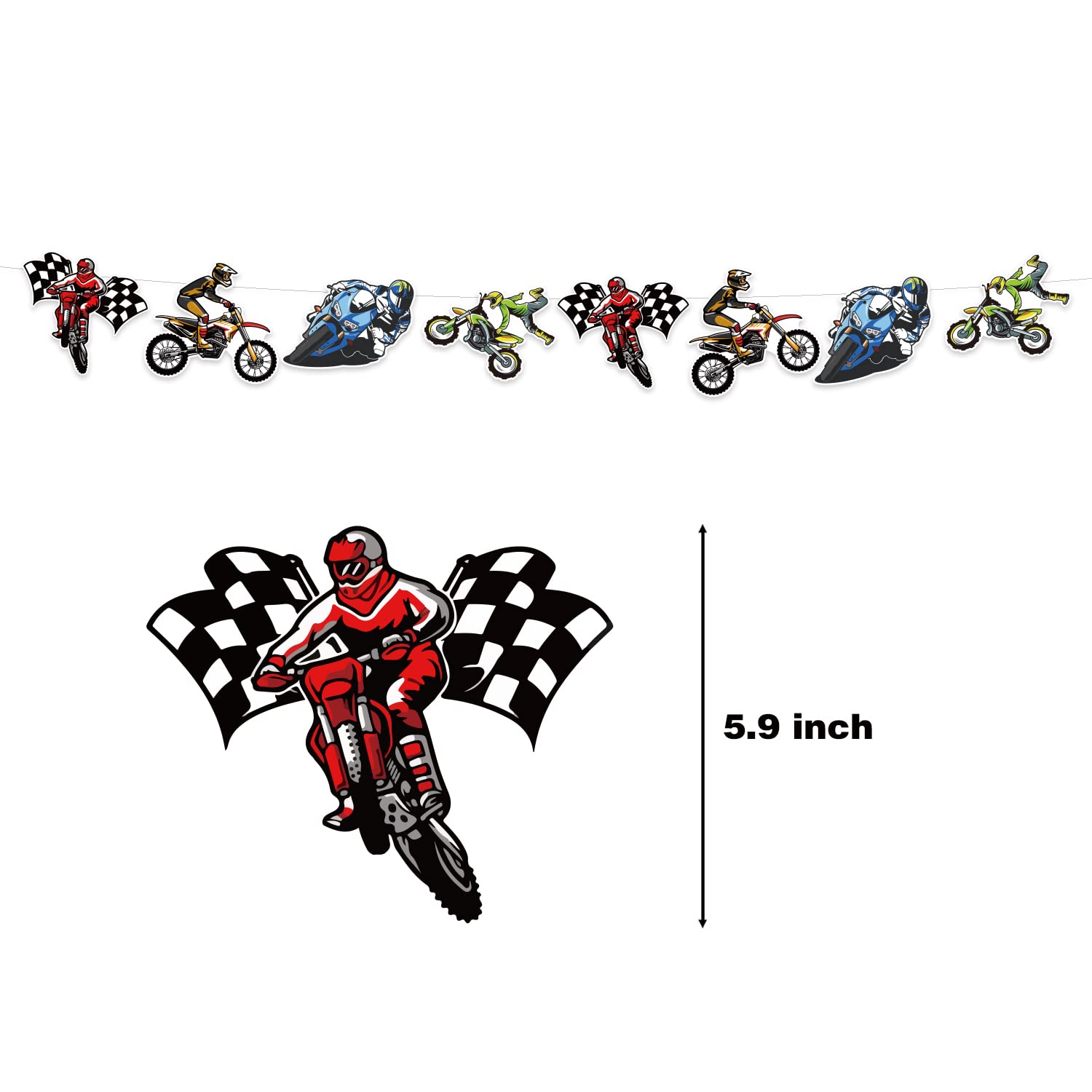 Dirt Bike Birthday Party Decorations for Boys - Motorcycle Themed Banner, Backdrop, Tablecloth, Balloons, Cake & Cupcake Toppers, 7