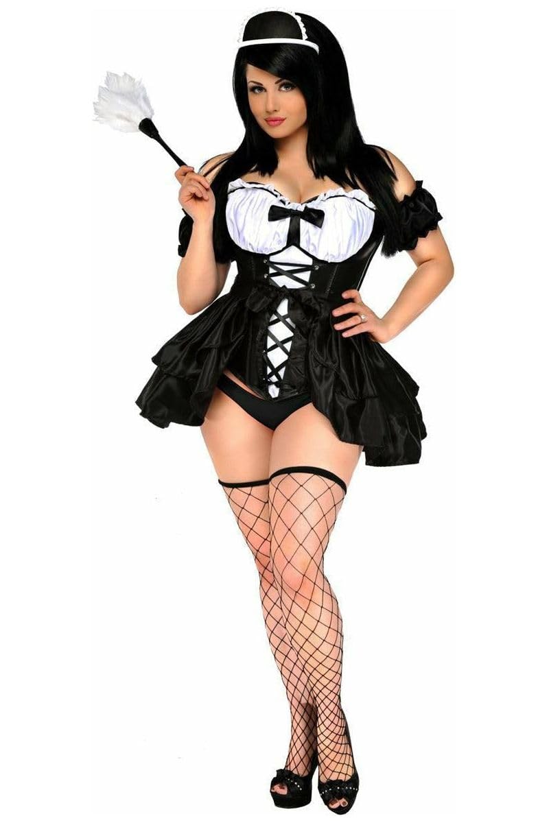 Sexy French Maid Costume for Women - 4 Piece Lingerie Set with Corset & Stockings | Halloween, Cosplay, Role Play, Boudoir Photo Shoot