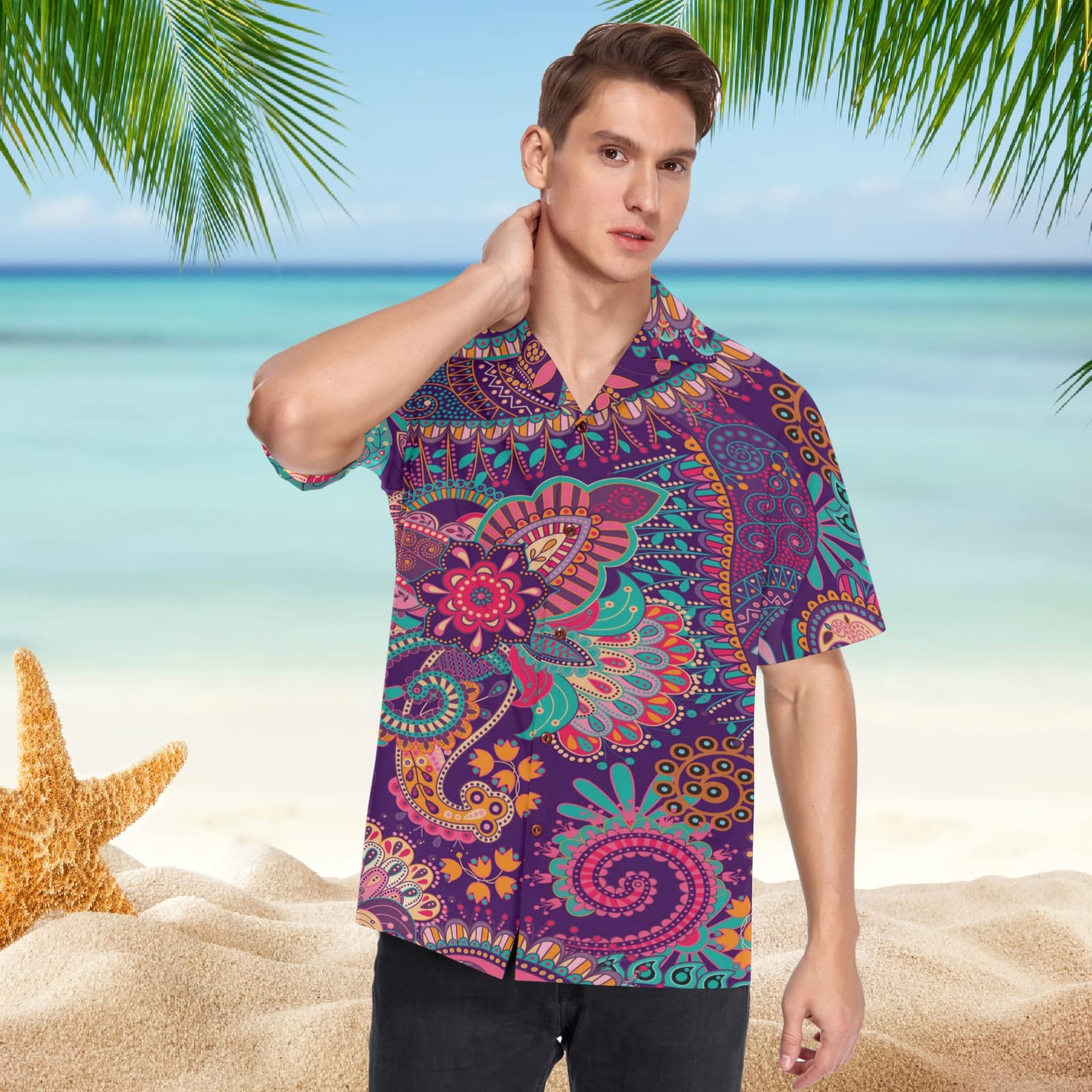 India Mandala Floral Men's Hawaiian Shirt - Short Sleeve Boho Button Down Aloha Shirt for Beach, Vacation & Summer Wear - Breathable Cotton Casual Dress Shirt for Tropical Parties, Luau & Outdoor Events