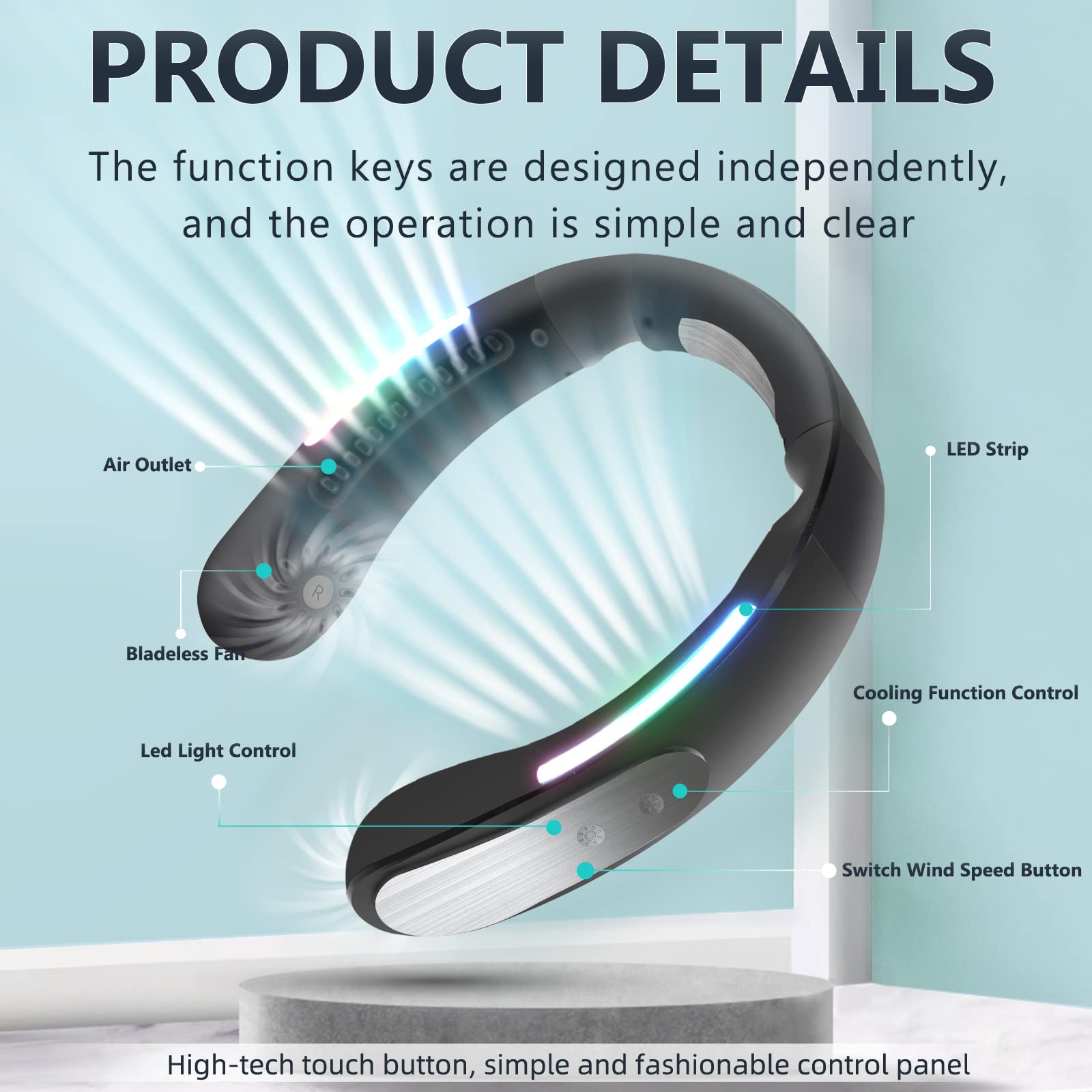 Portable Neck Air Conditioner Fan with Semiconductor Cooling - Rechargeable & Flexible Personal Cooling Fan for Outdoor, Office & Travel - Black (225x205x5mm) - Stay Cool in Hot Weather, Sports & Workouts