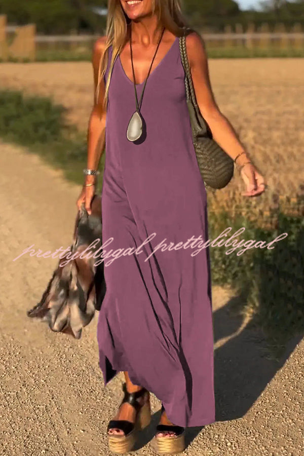 Elegant Solid Color V-Neck Sleeveless Maxi Dress - Casual Loose Fit Summer Beach Dress for Women | Perfect for Vacation, Date Night & Outdoor Events