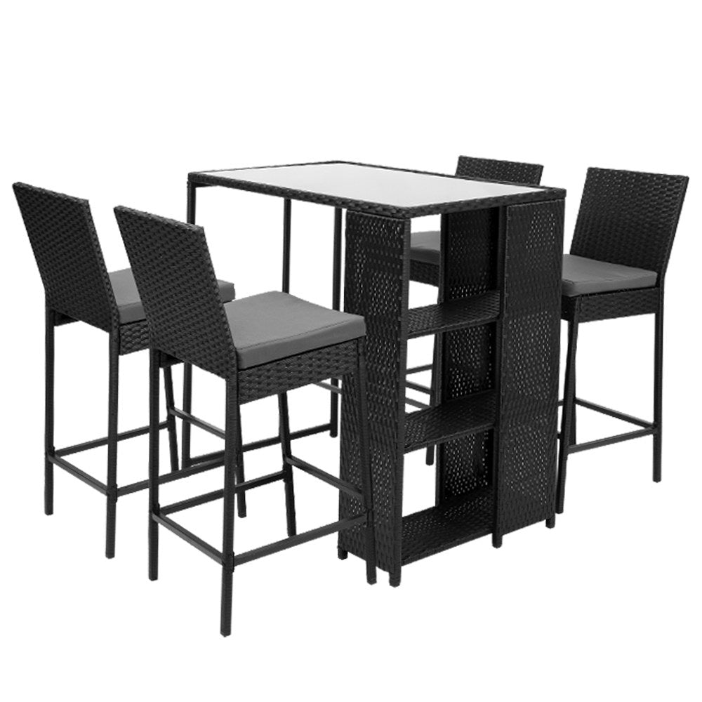 5-Piece Outdoor Bar Set - Rattan Wicker Patio Dining Chairs & Table with Stools for Backyard, Garden, Poolside or Deck Entertainment