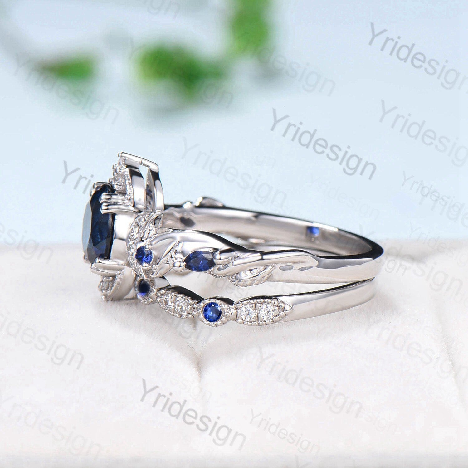 Blue Sapphire Engagement Ring Set for Women - Crescent Moon Art Deco Wedding Band with Open Gap Design - Nature Inspired Bridal Jewelry for Proposals, Anniversaries & Special Occasions