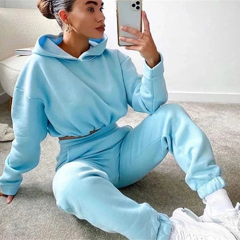 Women's Autumn Winter Sweatshirt Set - Solid Color Casual Hooded 2 Piece Outfit for Gym, Jogging & Lounge Wear | Fashionable Pant Sets for Women