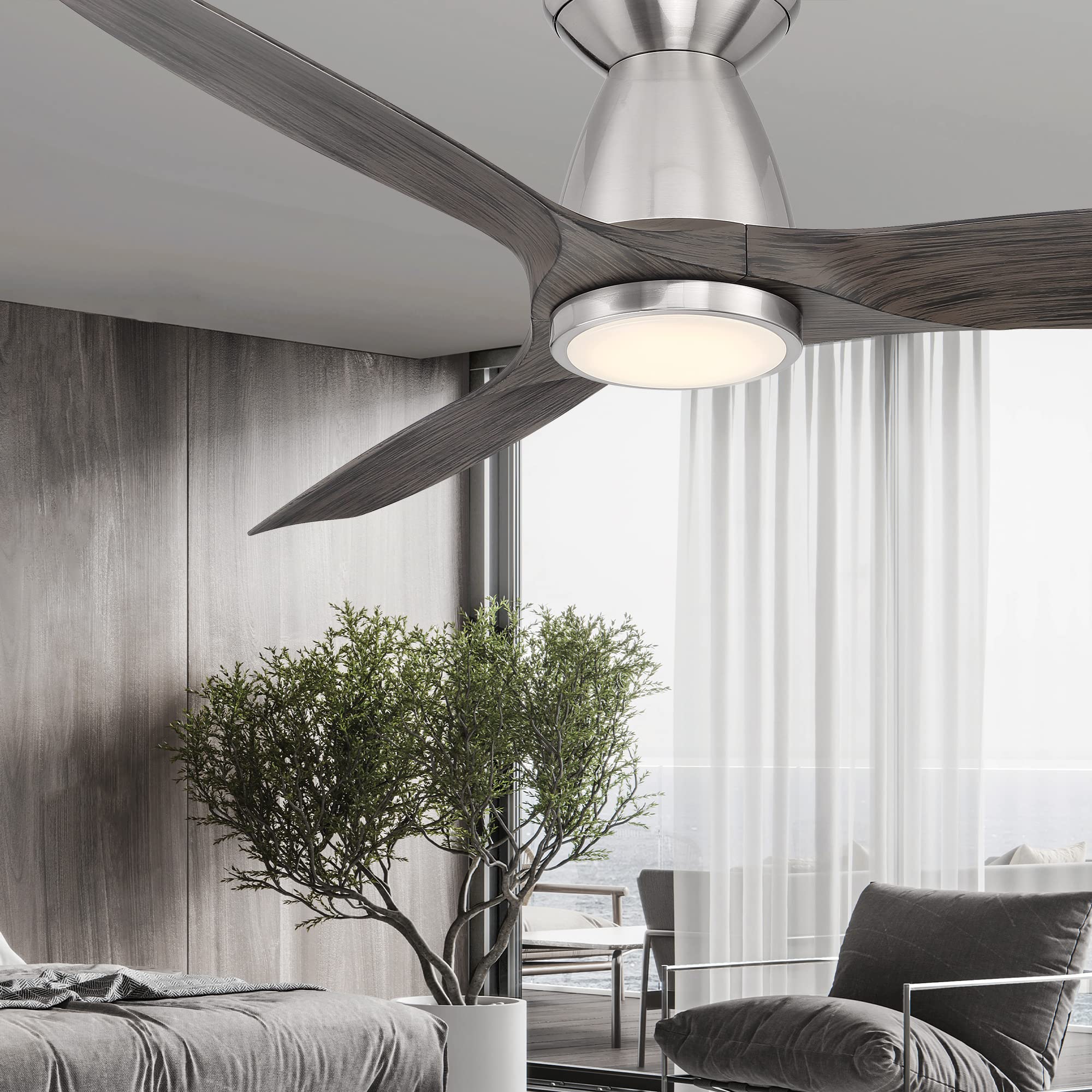 Skylark Smart 54in 3-Blade Flush Mount Ceiling Fan with Adjustable CCT LED Light Kit & Remote Control, Brushed Nickel/Ebony, Works with Alexa, iOS, Android App - Perfect for Living Rooms, Bedrooms, and Outdoor Spaces