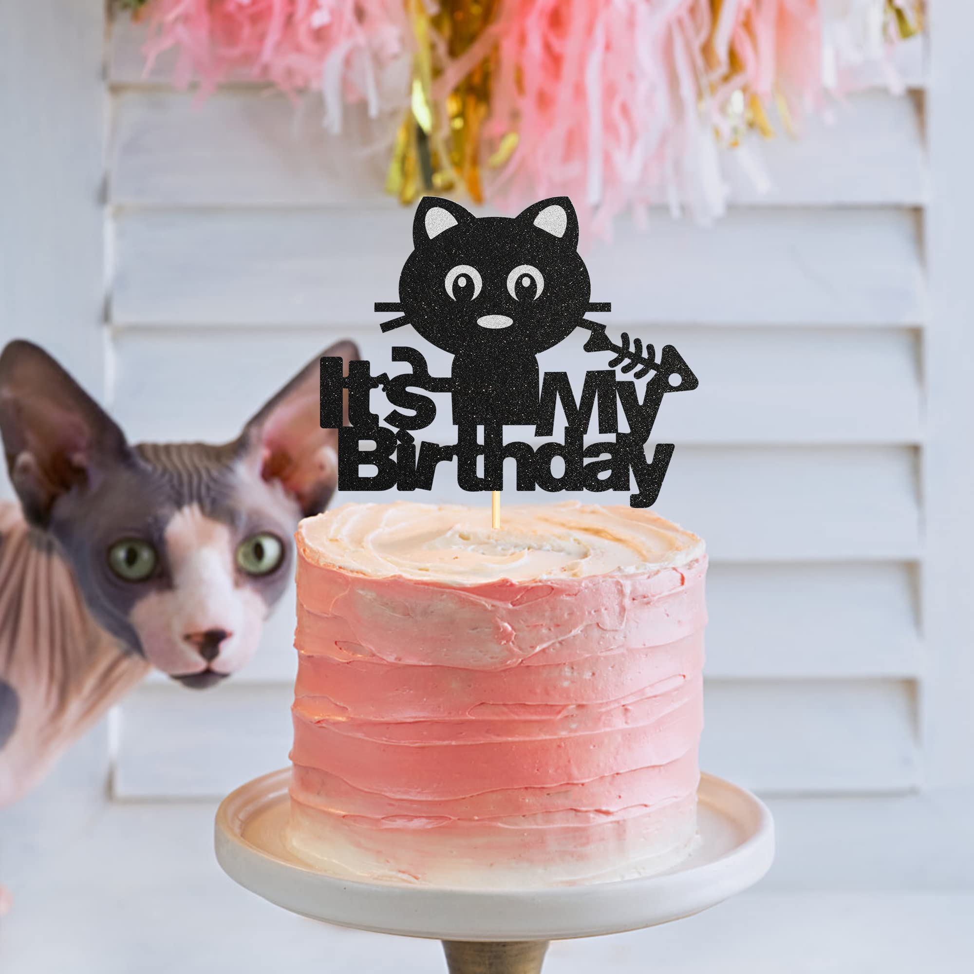 Black Glitter Cat Cake Topper for Birthday Parties | Pet-Themed 1st Birthday & Baby Shower Decoration | Perfect for Cat Lovers, Girls' Parties & Kitten-Themed Celebrations | Ideal for Cakes, Cupcakes & Dessert Tables