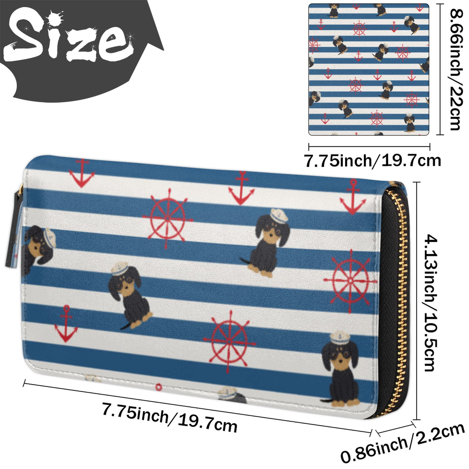 Stylish Women's Leather Wallet with Puppy & Nautical Prints - Large Credit Card Holder, Coin Purse & Zippered Phone Clutch | Slim RFID Blocking Bifold Wallet for Everyday Use, Travel & Gift Giving