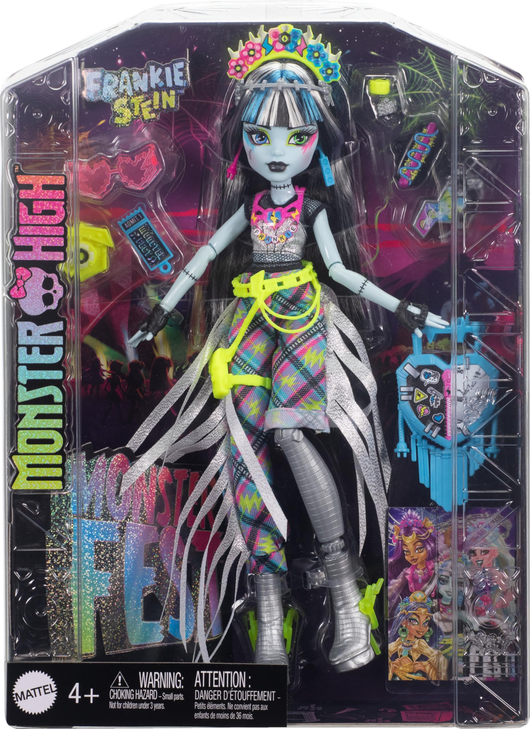 Monster High Monster Fest Doll - Frankie Stein with Glam Outfit & Festival Accessories | Collectible Fashion Doll with Snacks, Band Poster & Statement Bag | Perfect for Play, Display & Gifting