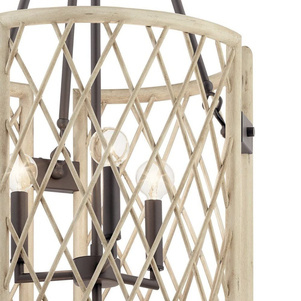6-Light Rustic Wood Lattice Drum Shade Chandelier - Farmhouse Ceiling Light Fixture with Palm Leaf Design for Dining Room, Living Room & Bedroom Lighting