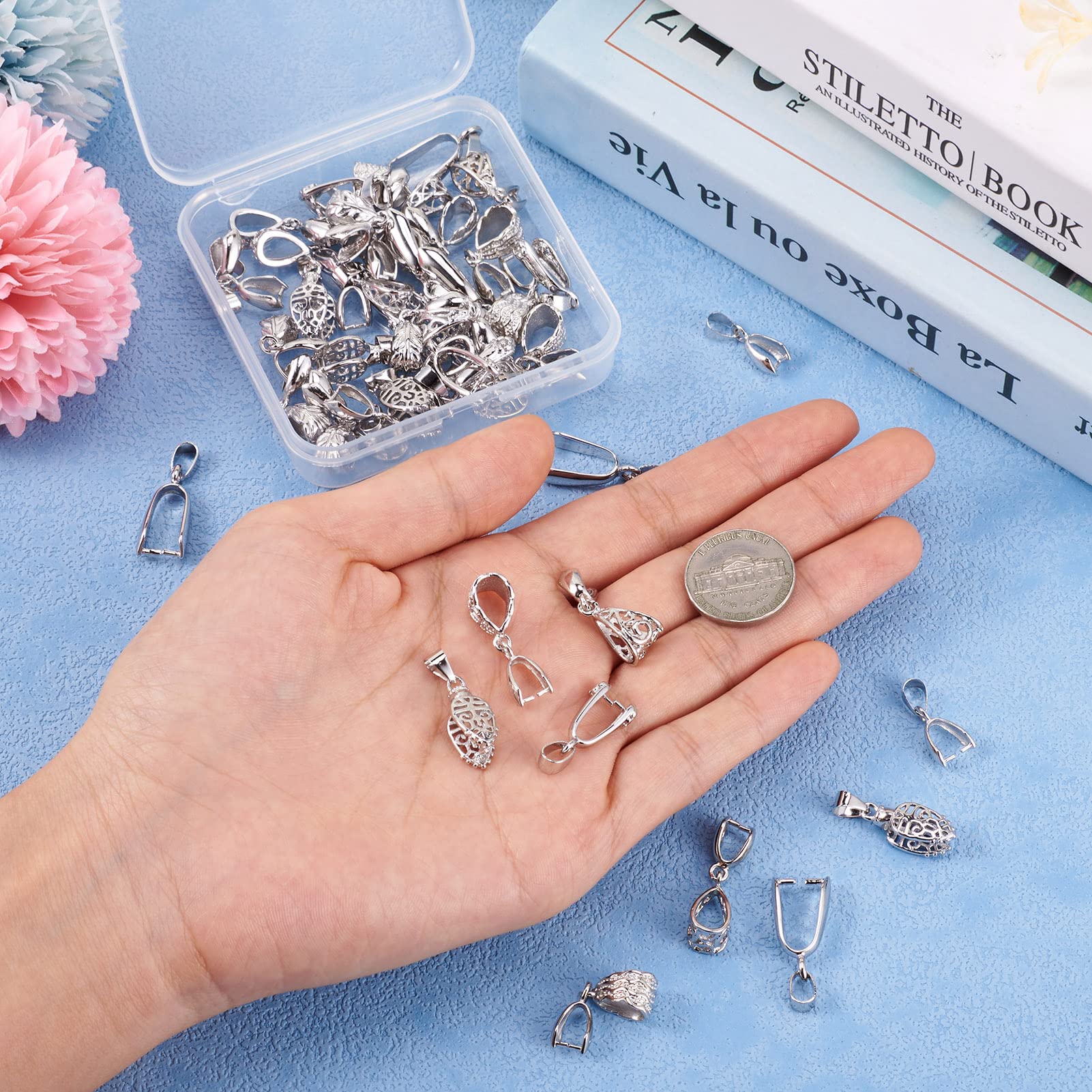 Beadthoven 42pcs 7 Styles Brass Ice Pick Pinch Bail Clasps - Platinum Plated Jewelry Findings for DIY Necklace & Bracelet Making - Perfect for Pendants, Charms & Dangle Connectors - Ideal for Crafters & Jewelry Designers