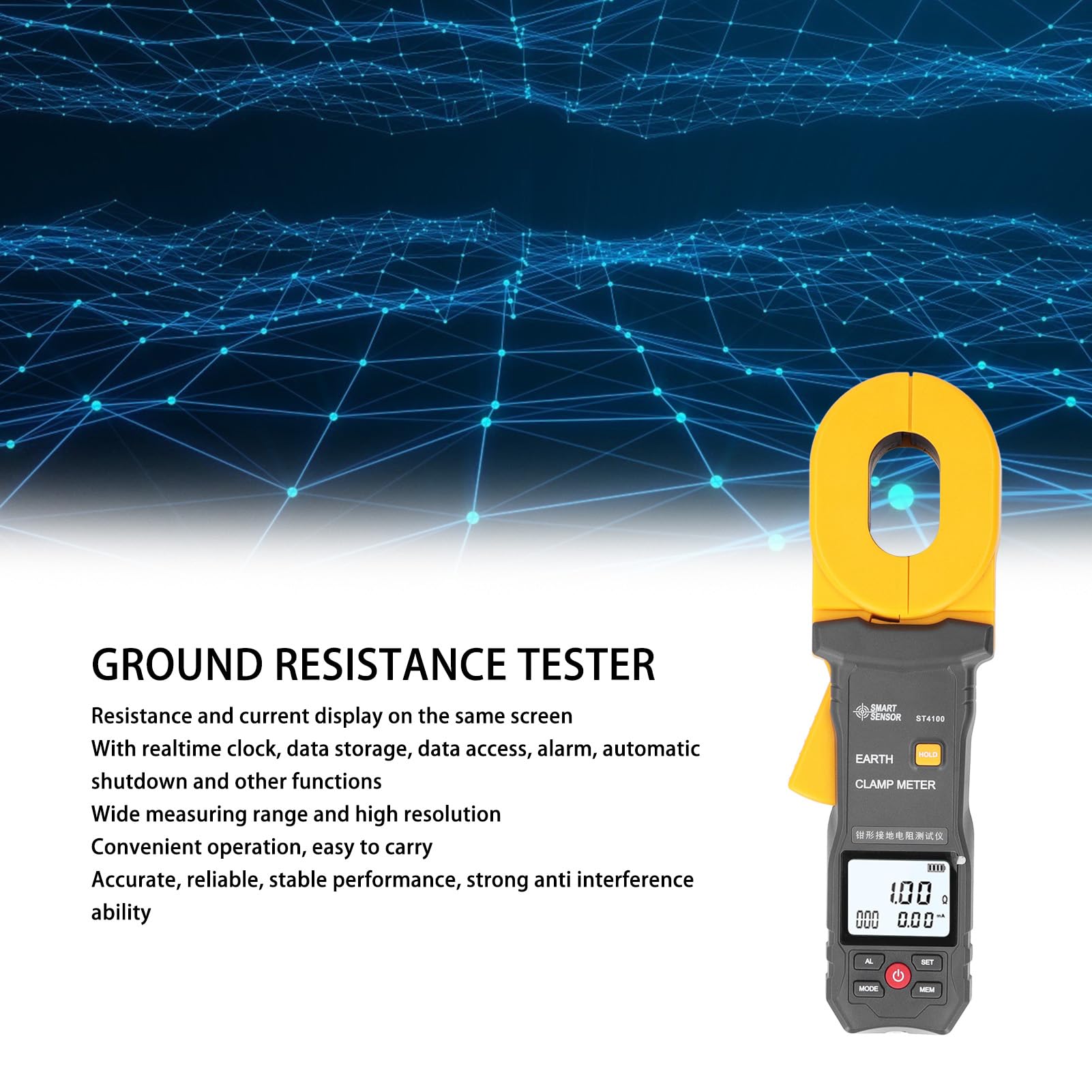 Digital Clamp Ground Resistance Tester - LCD Display, Auto Power Off, 0.01-200Ω Range for Electrical Systems | Ideal for Power Grids, Telecommunications, Meteorology & Oil Field Applications