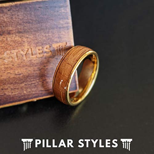 14K Yellow Gold Whiskey Barrel Ring for Men - 8mm Comfort Fit Wedding Band with Bourbon Wood Inlay - Rustic Tungsten Anniversary Gift for Him - Perfect for Whiskey Lovers, Groomsmen Gifts & Special Occasions