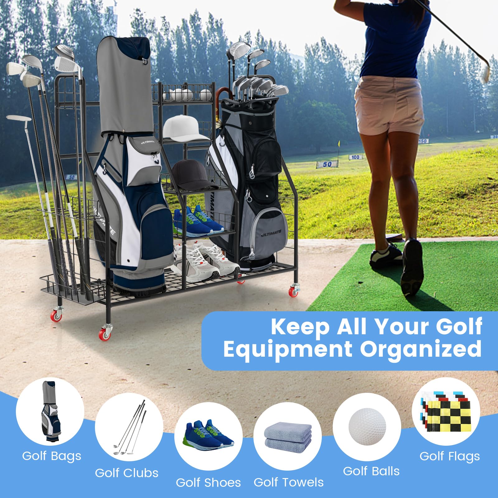 Tangkula Heavy Duty Metal Double Golf Bag Storage Rack with Removable Club Stand, Shelves & Lockable Wheels - Extra Large Golf Equipment Organizer for Garage, Basement or Clubhouse - Perfect for Storing Golf Bags, Clubs & Accessories